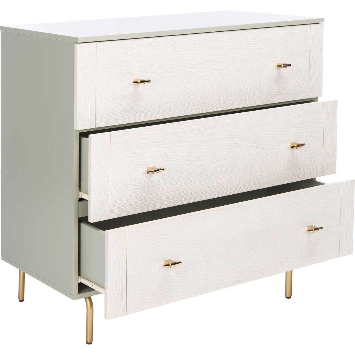 Three open drawers reveal pale gray interiors beneath whitewashed fronts and lustrous gold pulls.