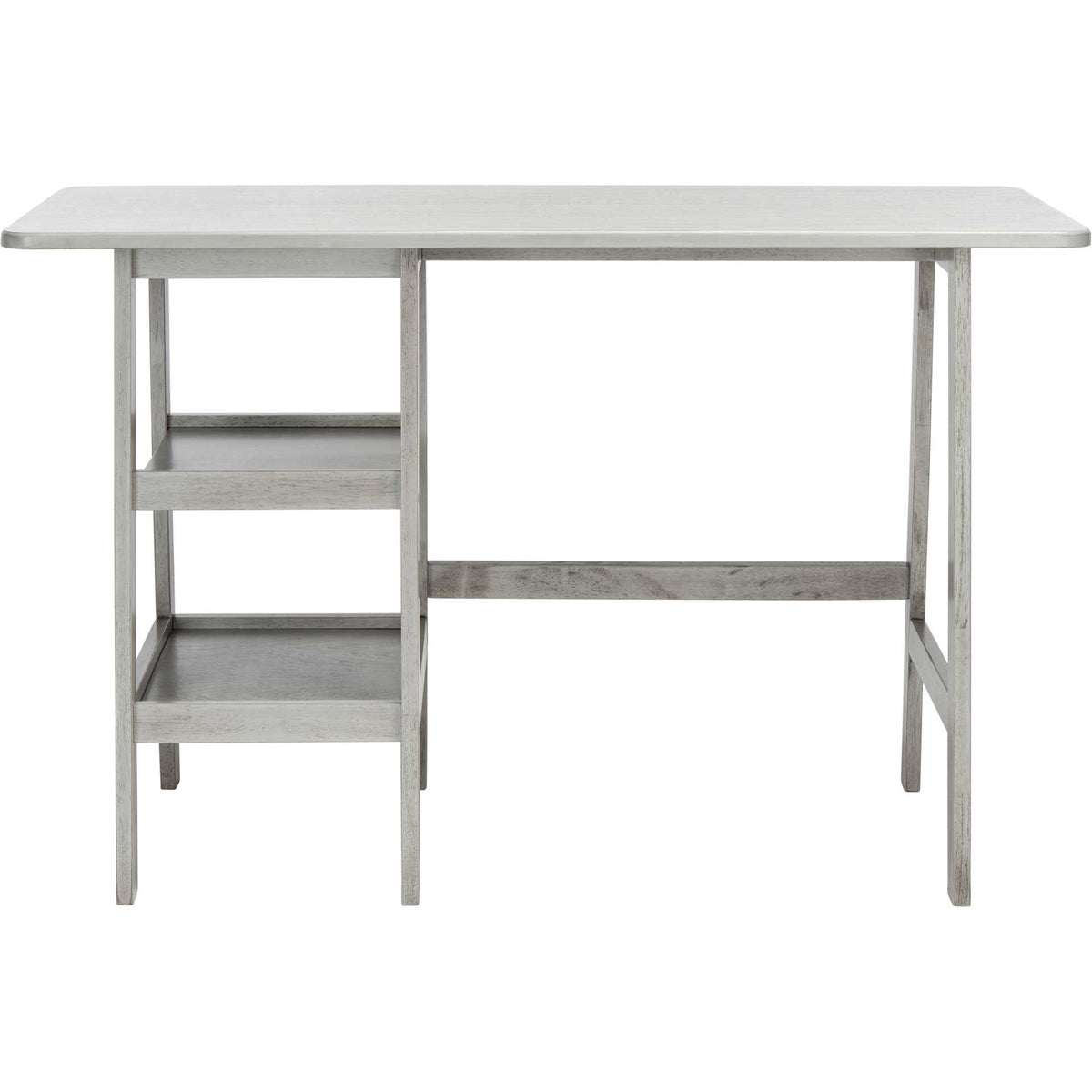 A gray wood desk pairs a broad worktop with two open shelves and generous legroom. || DSK1403B || front_studio