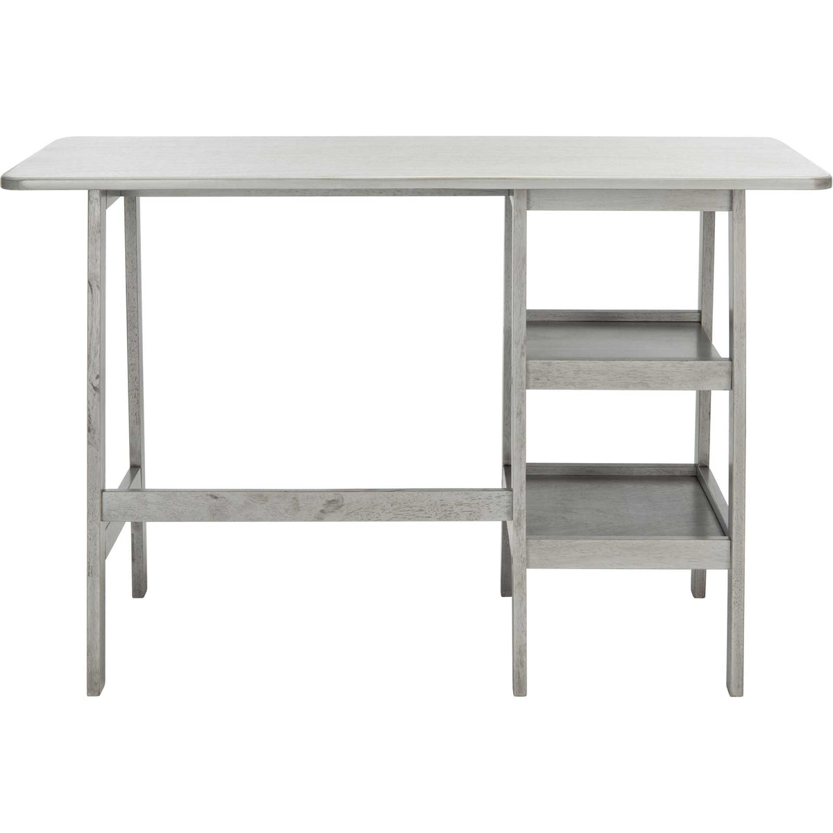 Two open shelves and a sturdy crossbar give this gray desk practical, airy storage. || DSK1403B || back_studio