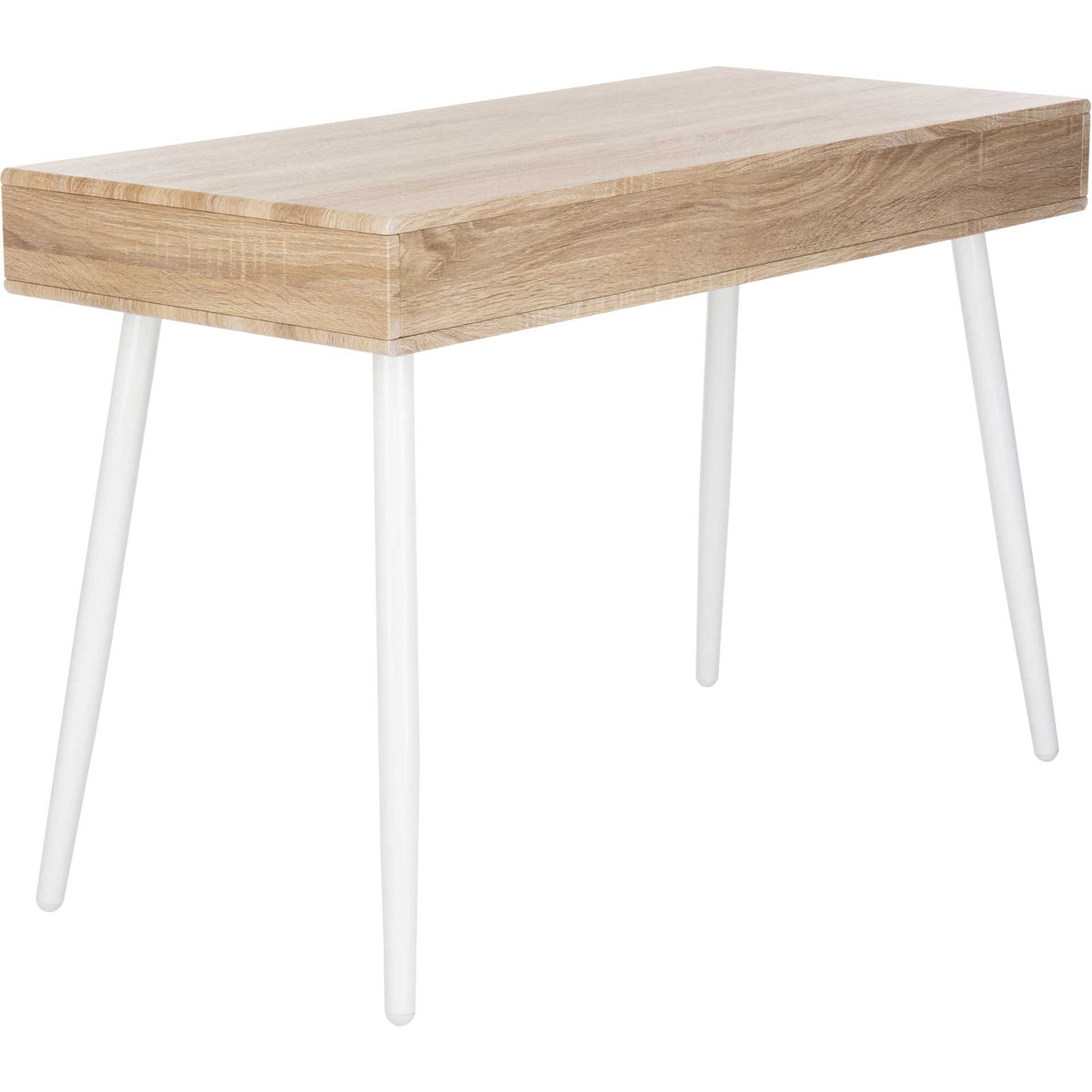 Warm wood-grain desk brings a smooth work surface and airy white legs to a compact space.