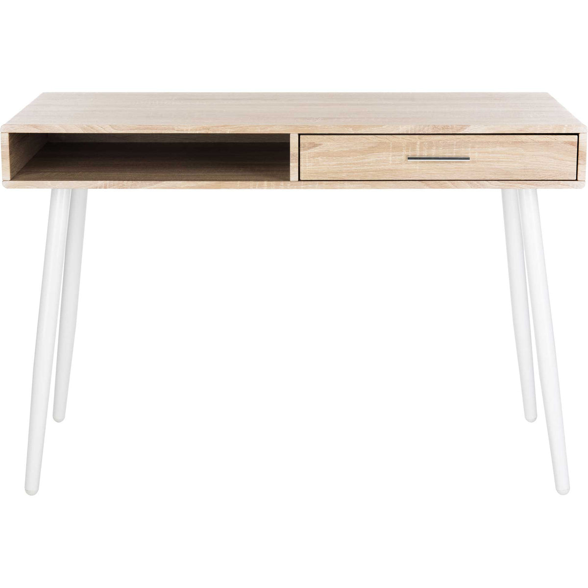 Natural wood-look desk balances an open shelf and single drawer on slim white legs. || DSK2200A || front_studio