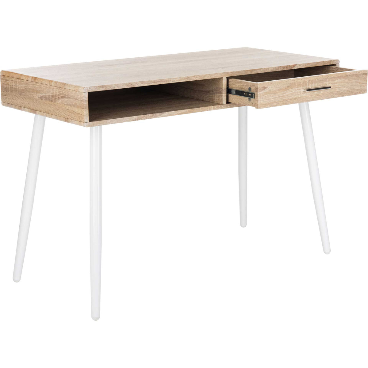 Natural wood-look desk reveals a shallow drawer beside its roomy shelf and white legs.