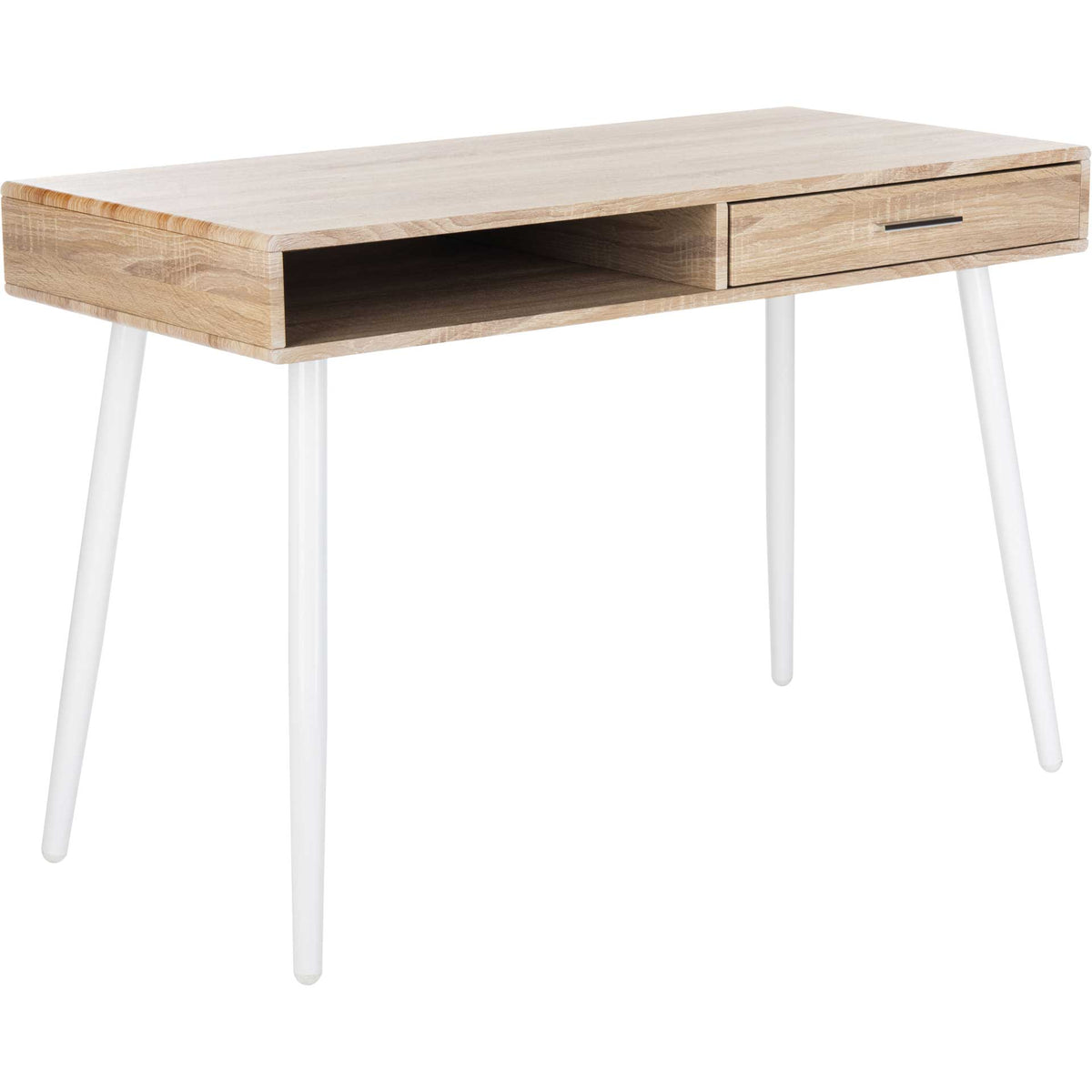 Warm wood-grain desk offers open storage and a drawer above tapered white metal legs. || DSK2200A || front_angle_studio