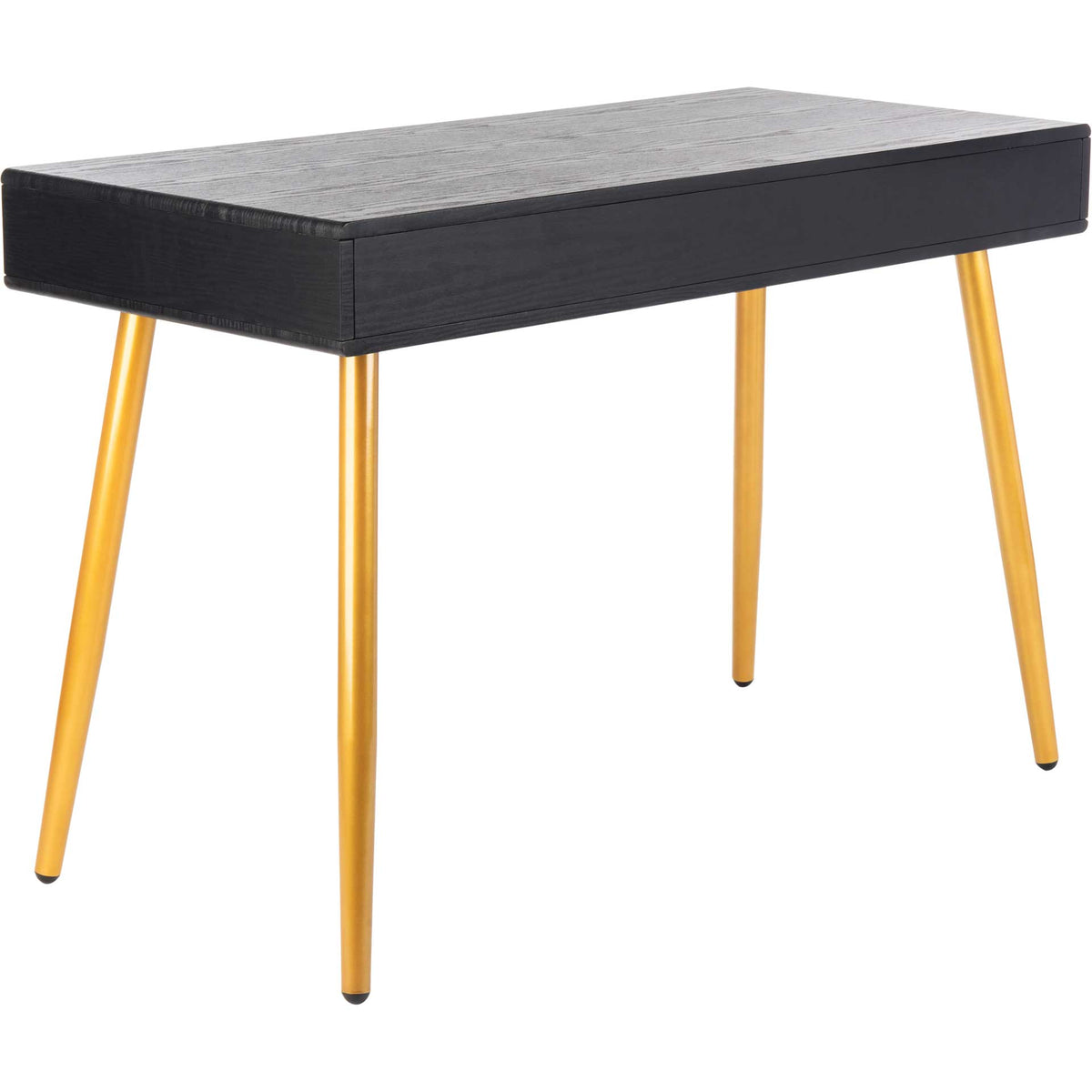 Black wood-grain desktop and gold tube legs give this compact desk sleek contrast.