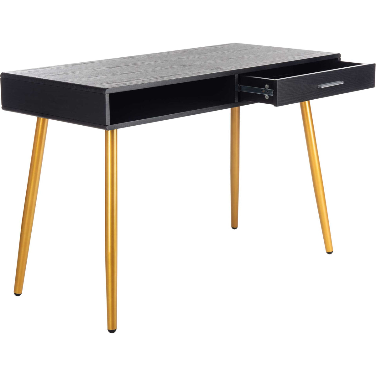 Black desk reveals a pullout drawer beside its roomy open shelf, supported by gold legs.