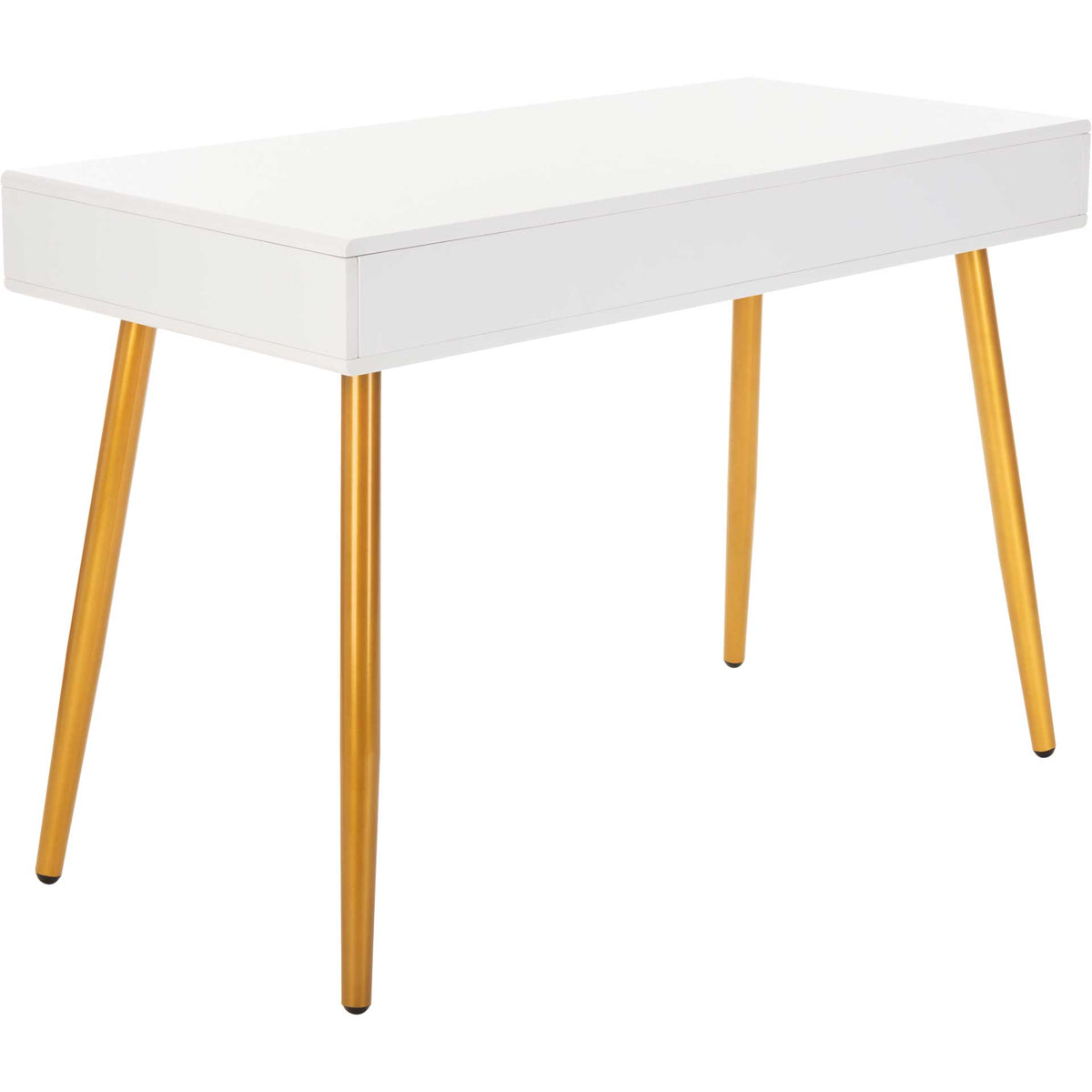 White desk pairs a clean work surface with slim gold tube legs and understated modern style.