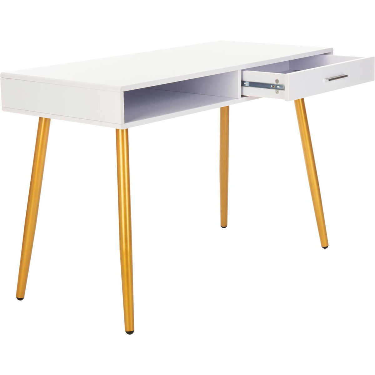 White desk reveals a pullout drawer beside its open storage cubby, standing on gold legs.