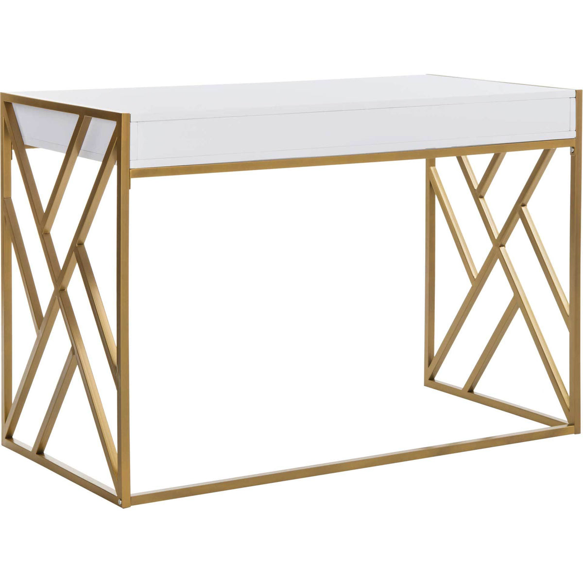 Geometric gold legs and a clean white back panel give this desk a stylish finish throughout.