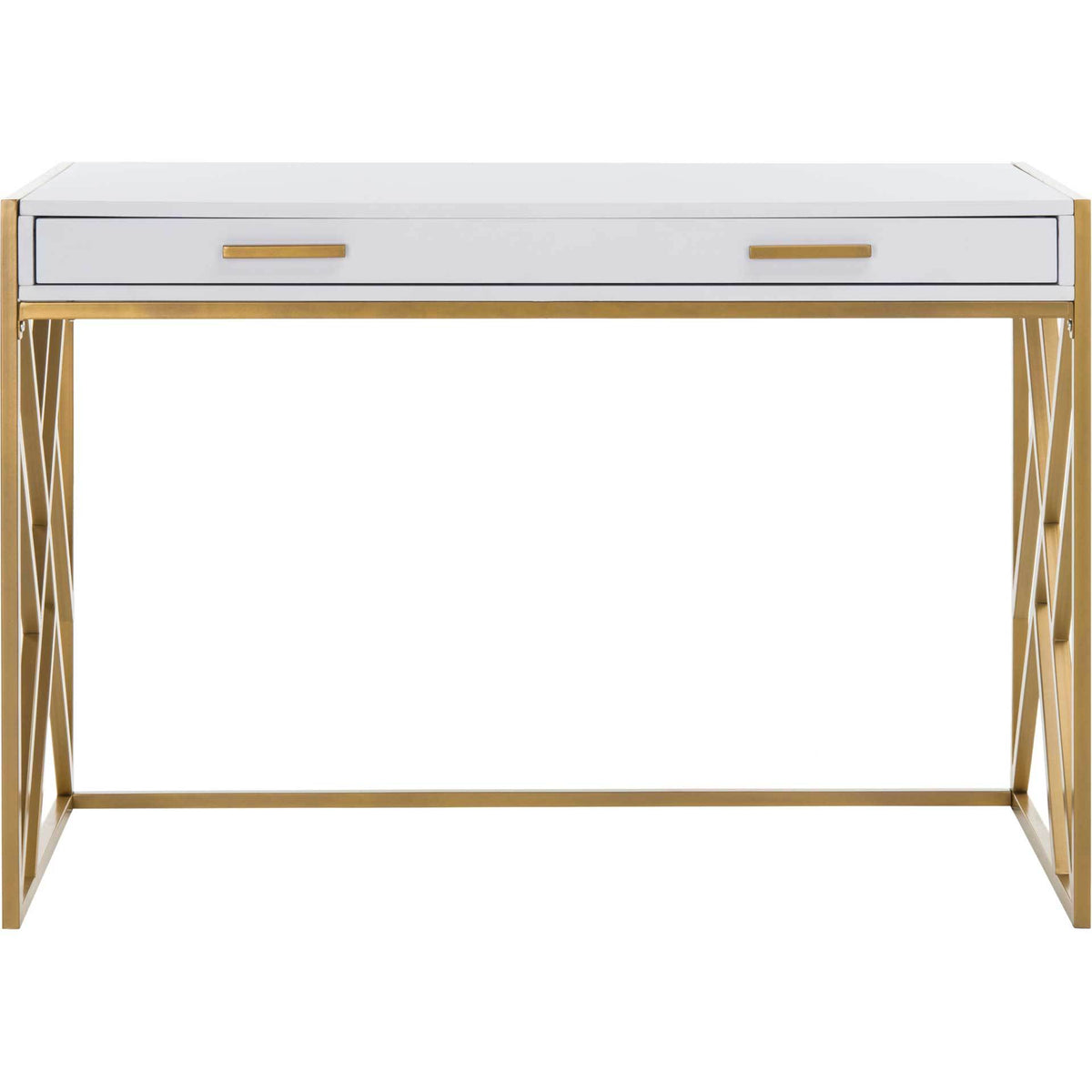 One spacious white drawer with two gold pulls adds hidden storage to this writing desk. || DSK2201A || front_studio