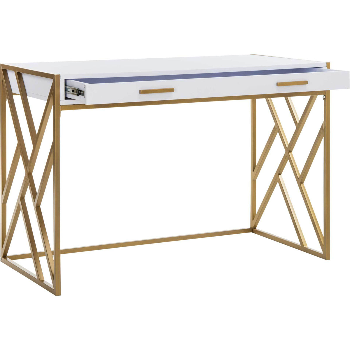 A wide drawer opens beneath the white desktop to keep work essentials within easy reach.