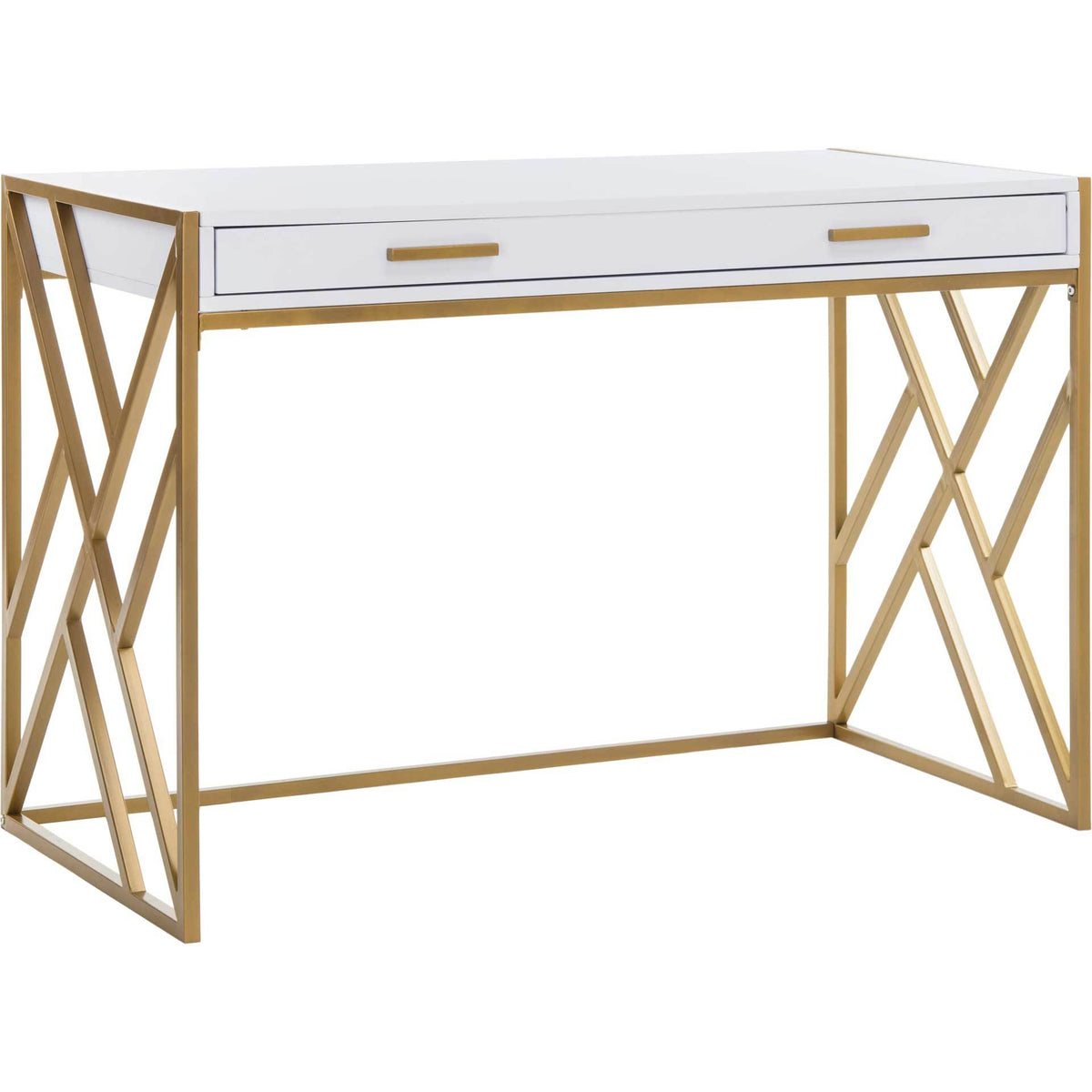 A smooth white desktop and gold openwork supports bring sculptural flair to this desk. || DSK2201A || front_angle_studio