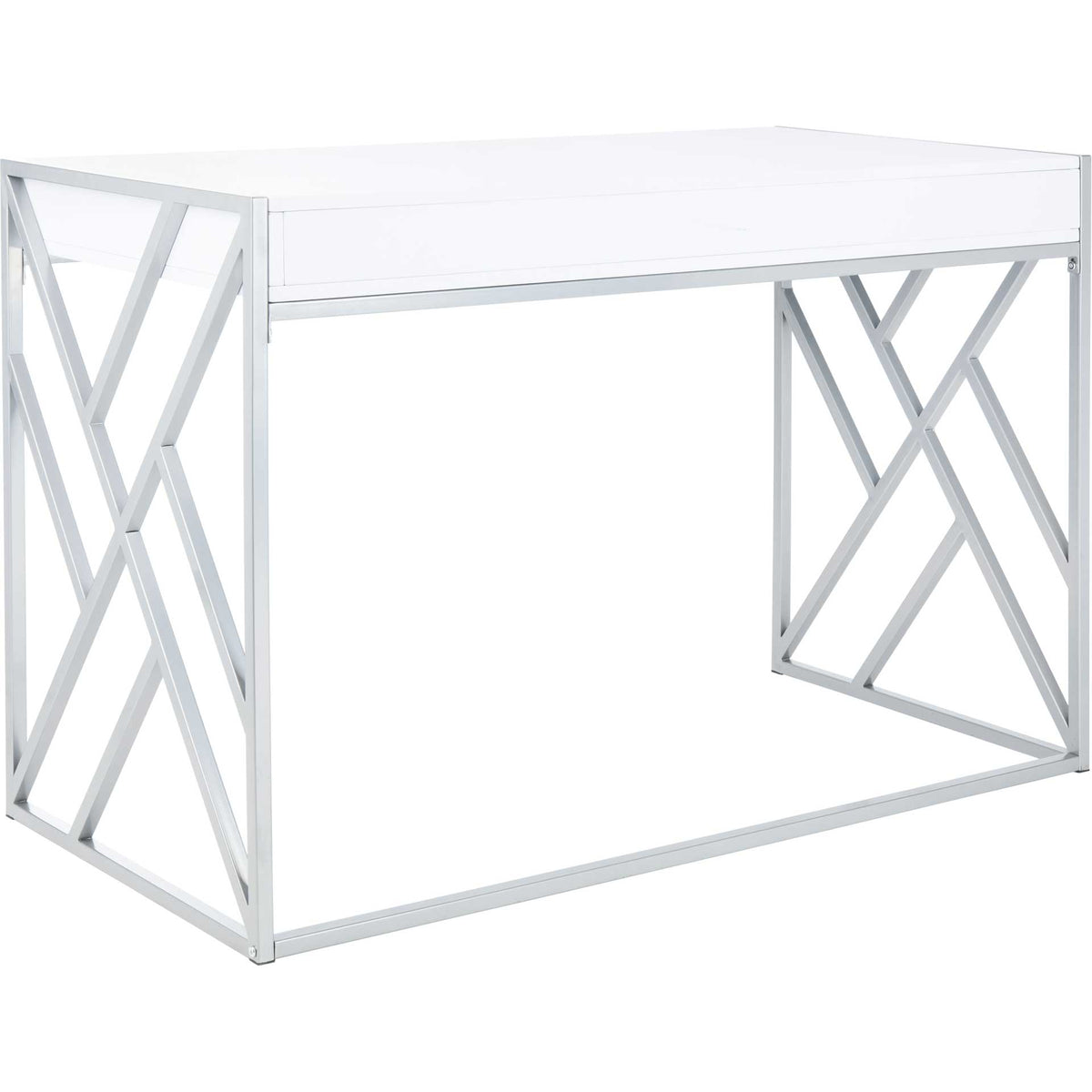 Open silver supports frame the white desk and reinforce its light, airy silhouette.