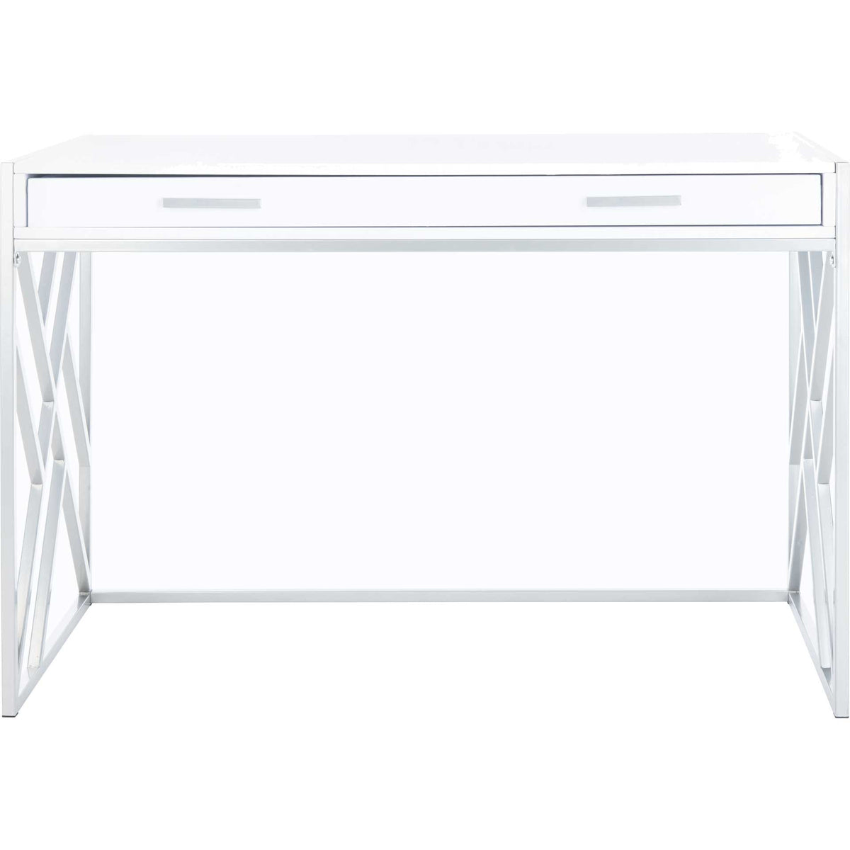 A broad white drawer with two silver pulls offers discreet storage beneath the desktop. || DSK2201B || front_studio