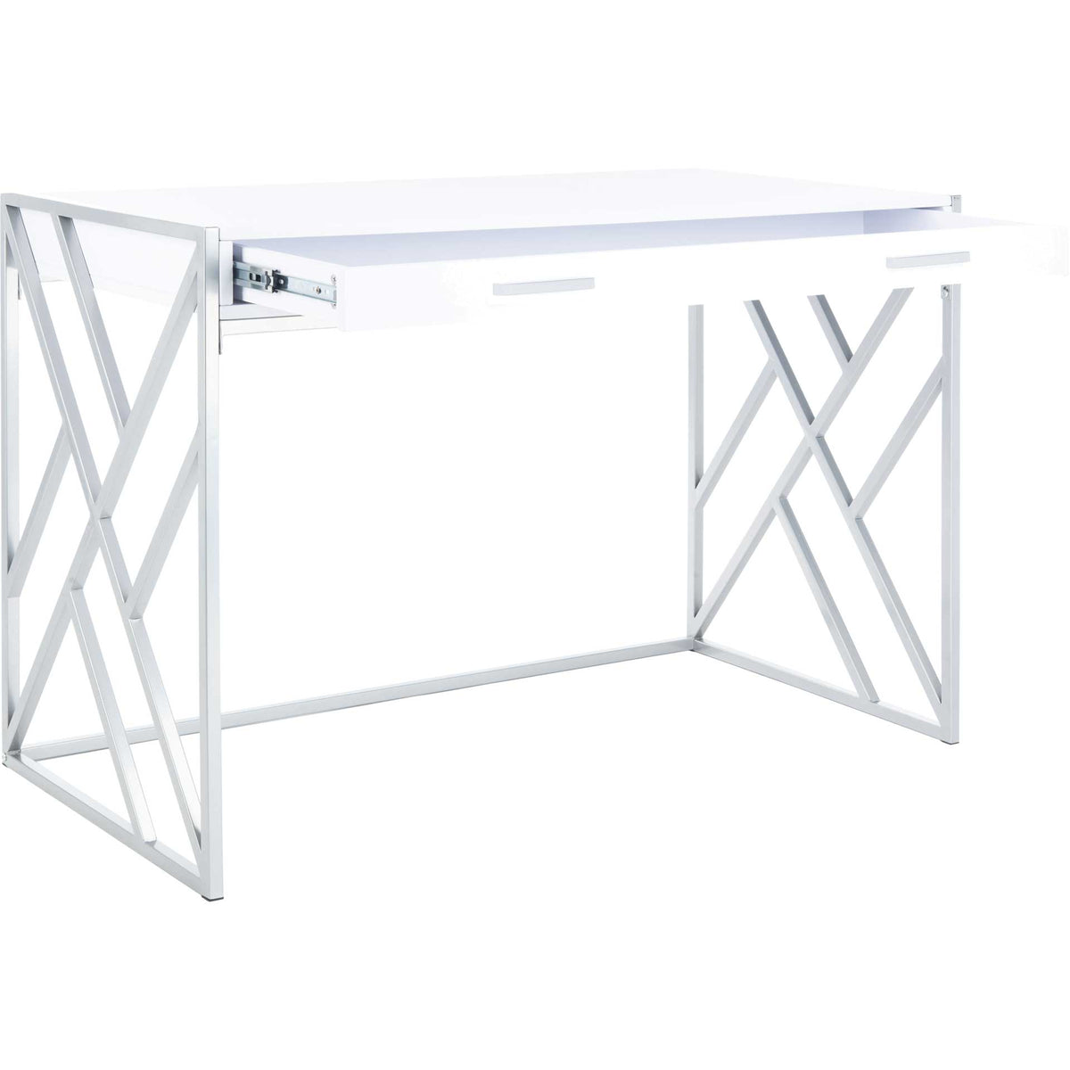 A wide white drawer slides out to make space for supplies, with a silver pull at each end.