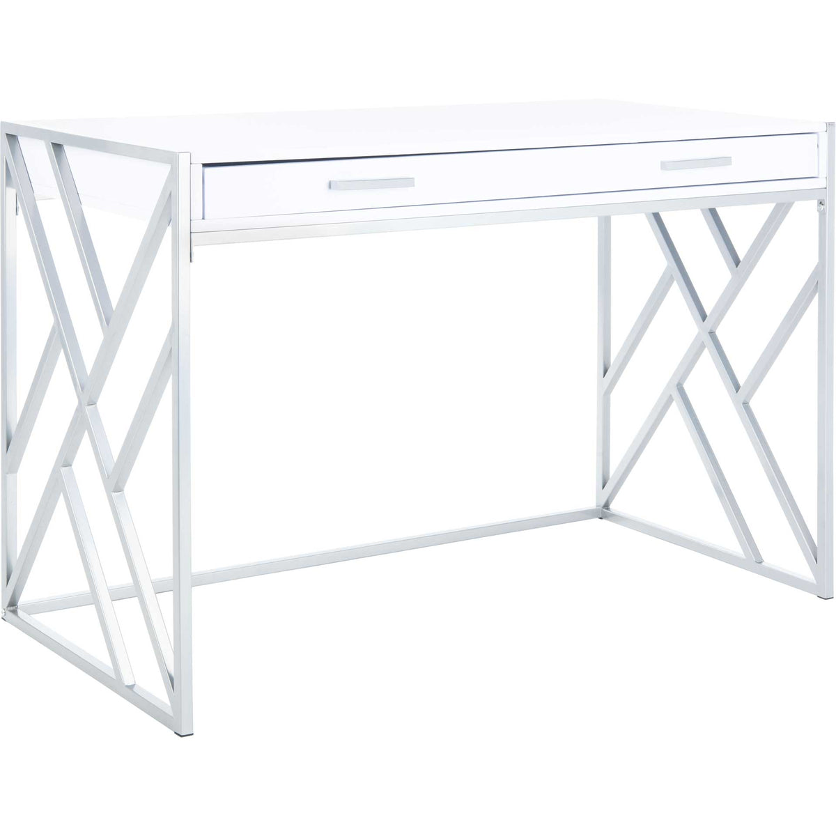 A white desktop and silver geometric supports give this workspace an airy feel. || DSK2201B || front_angle_studio