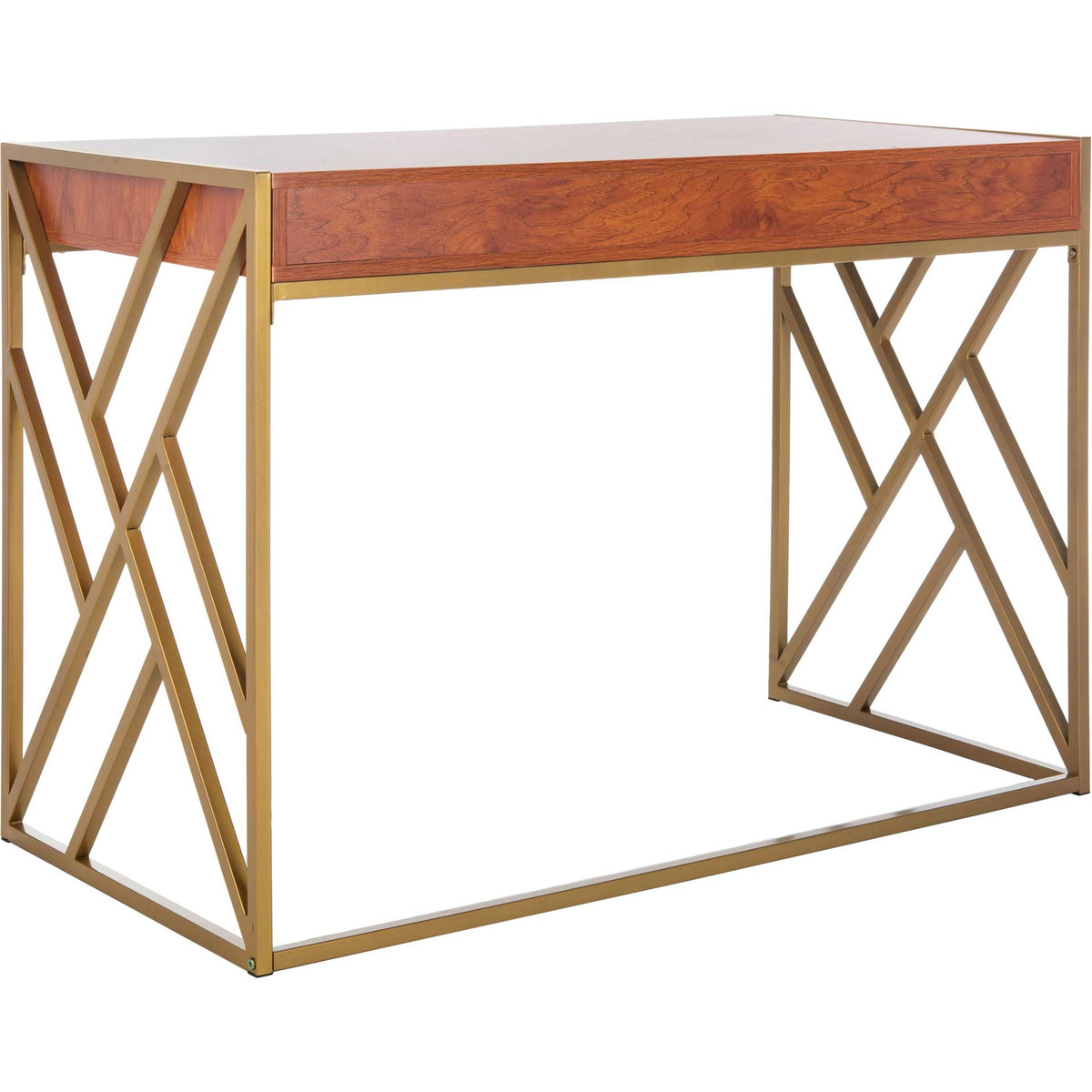 Geometric gold supports complement the rich wood-look finish and clean-lined back panel.