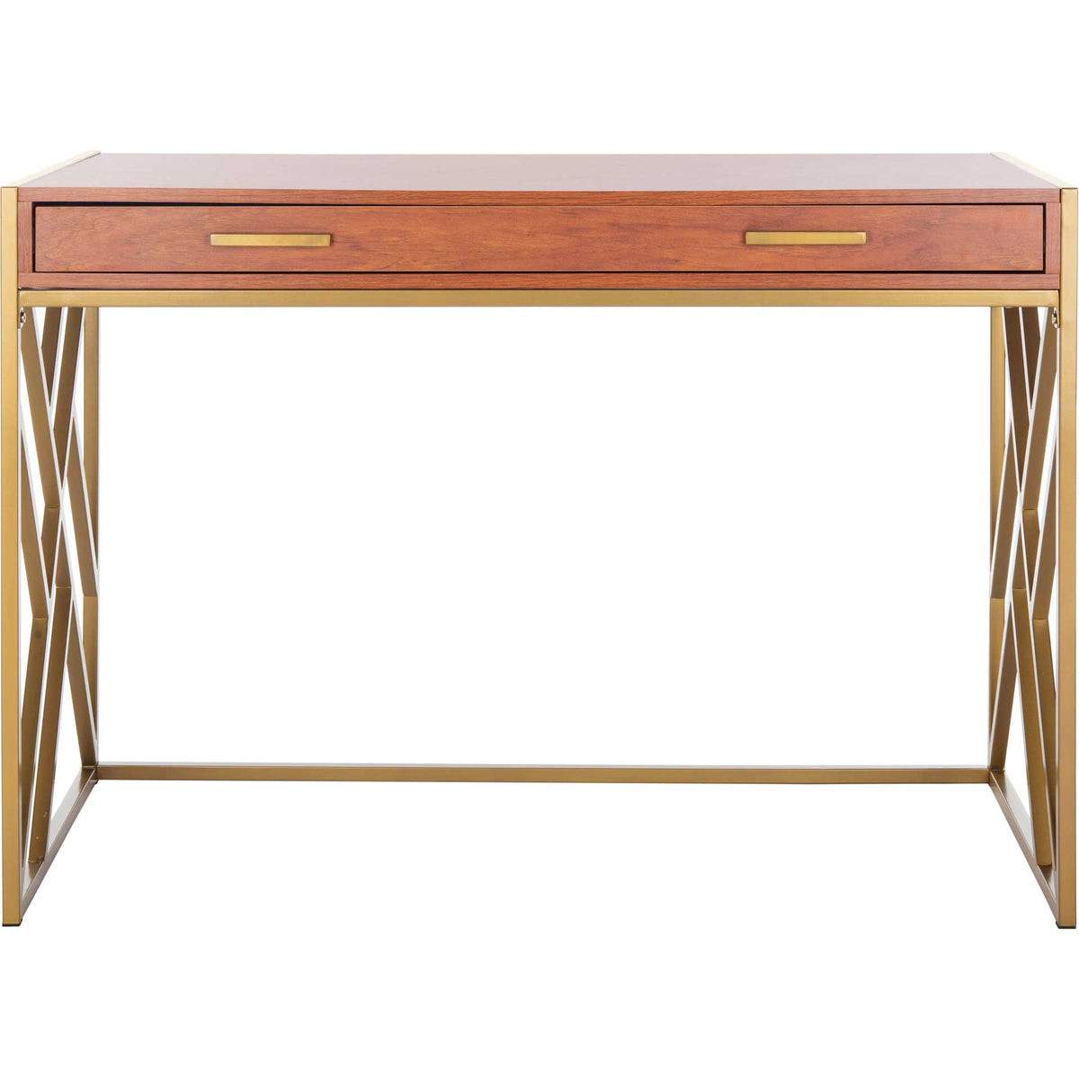 A wide wood-look drawer with two gold pulls keeps essentials tucked beneath the desktop. || DSK2201C || front_studio