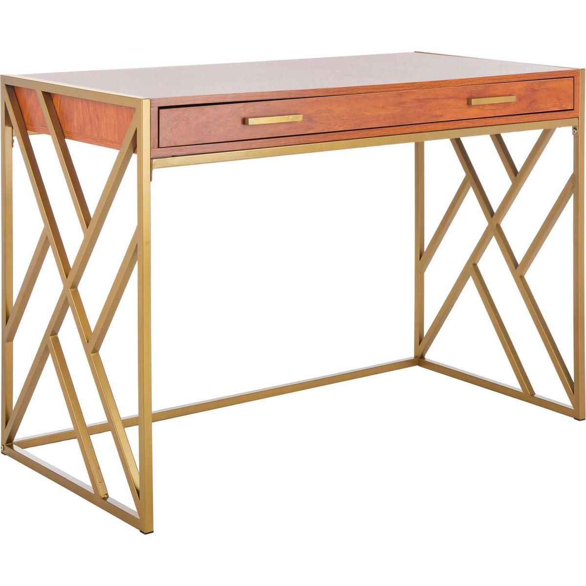 Warm wood tones and geometric gold supports give this streamlined desk a modern edge. || DSK2201C || front_angle_studio