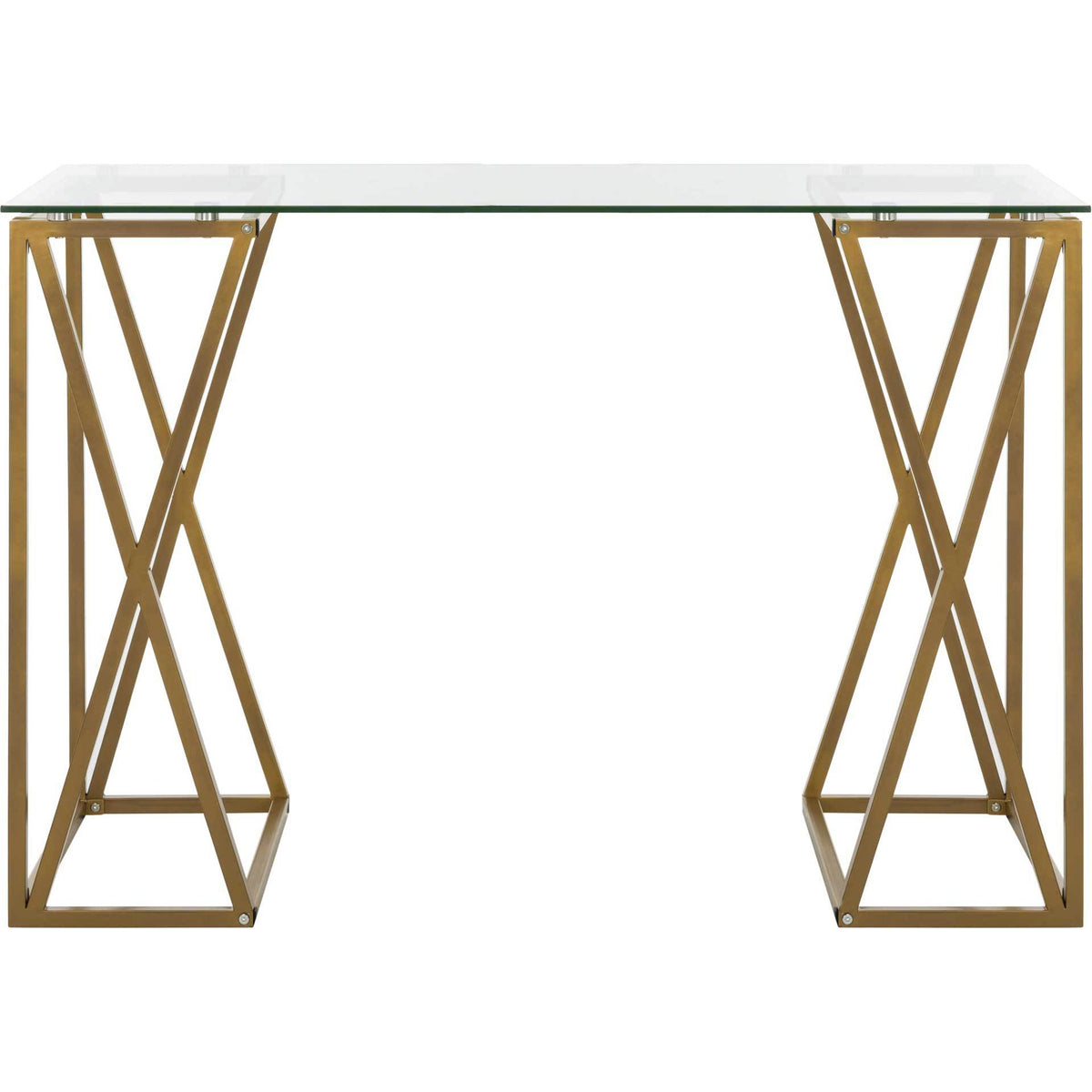 A clear glass desktop rests on a gold metal frame with bold X-braced legs. || DSK2202A || front_studio
