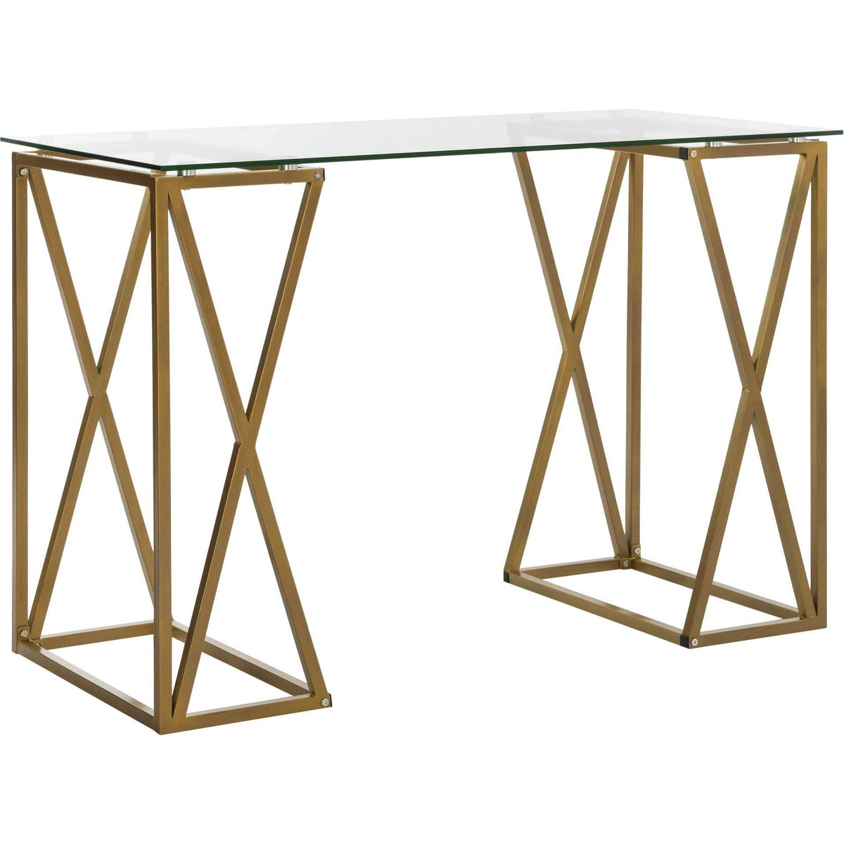 Transparent glass and sculptural gold supports give this desk an airy, modern look. || DSK2202A || front_angle_studio