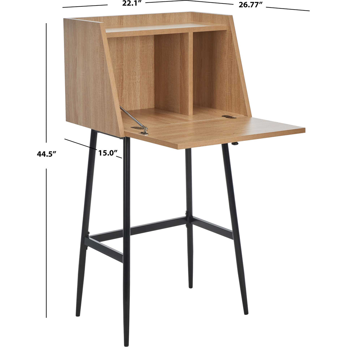 Natural wood-look secretary desk stands 44.5 inches tall and measures 26.77 inches deep when open.