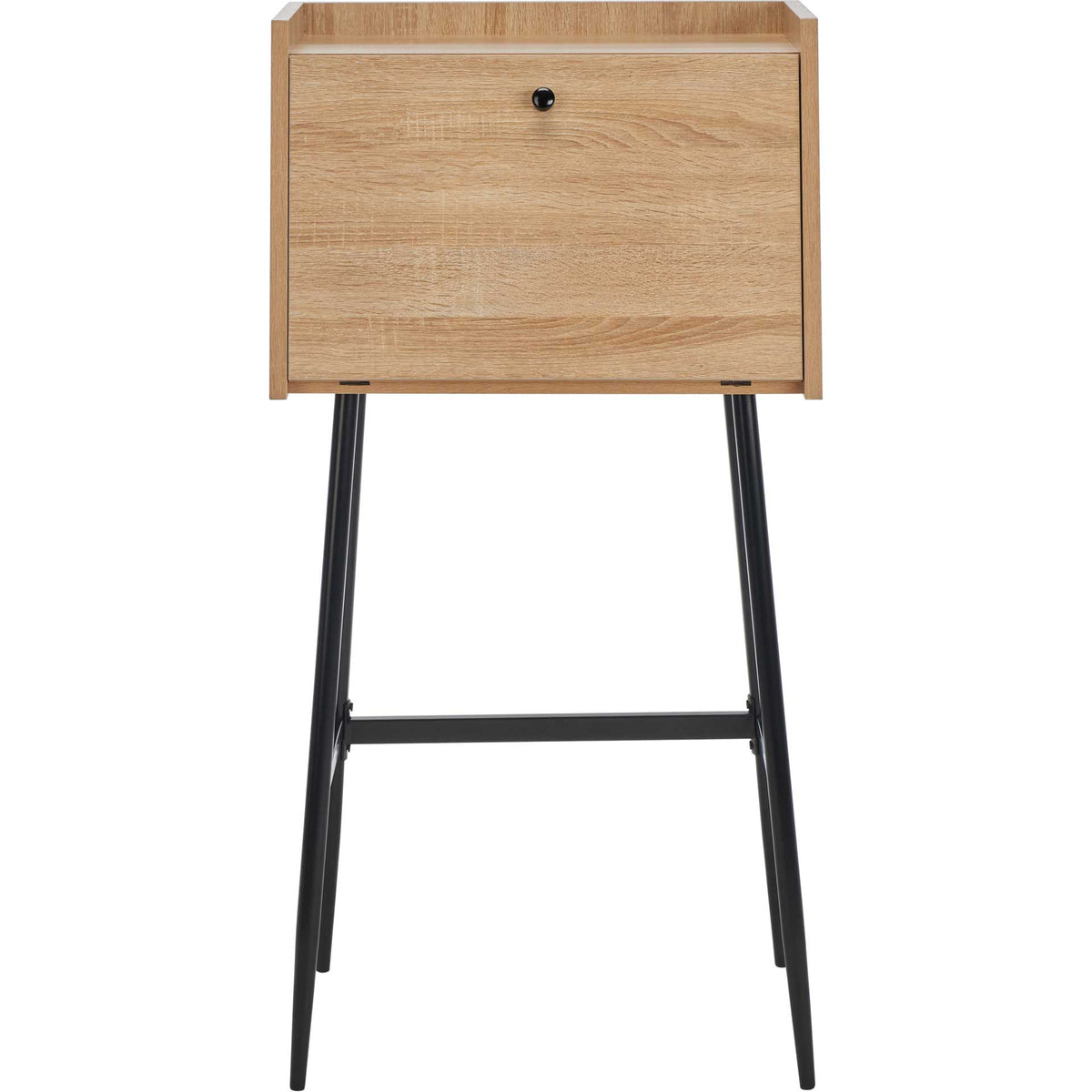 A woodgrain drop-front panel with a dark knob tops a slender black metal frame. || DSK2203A || front_studio