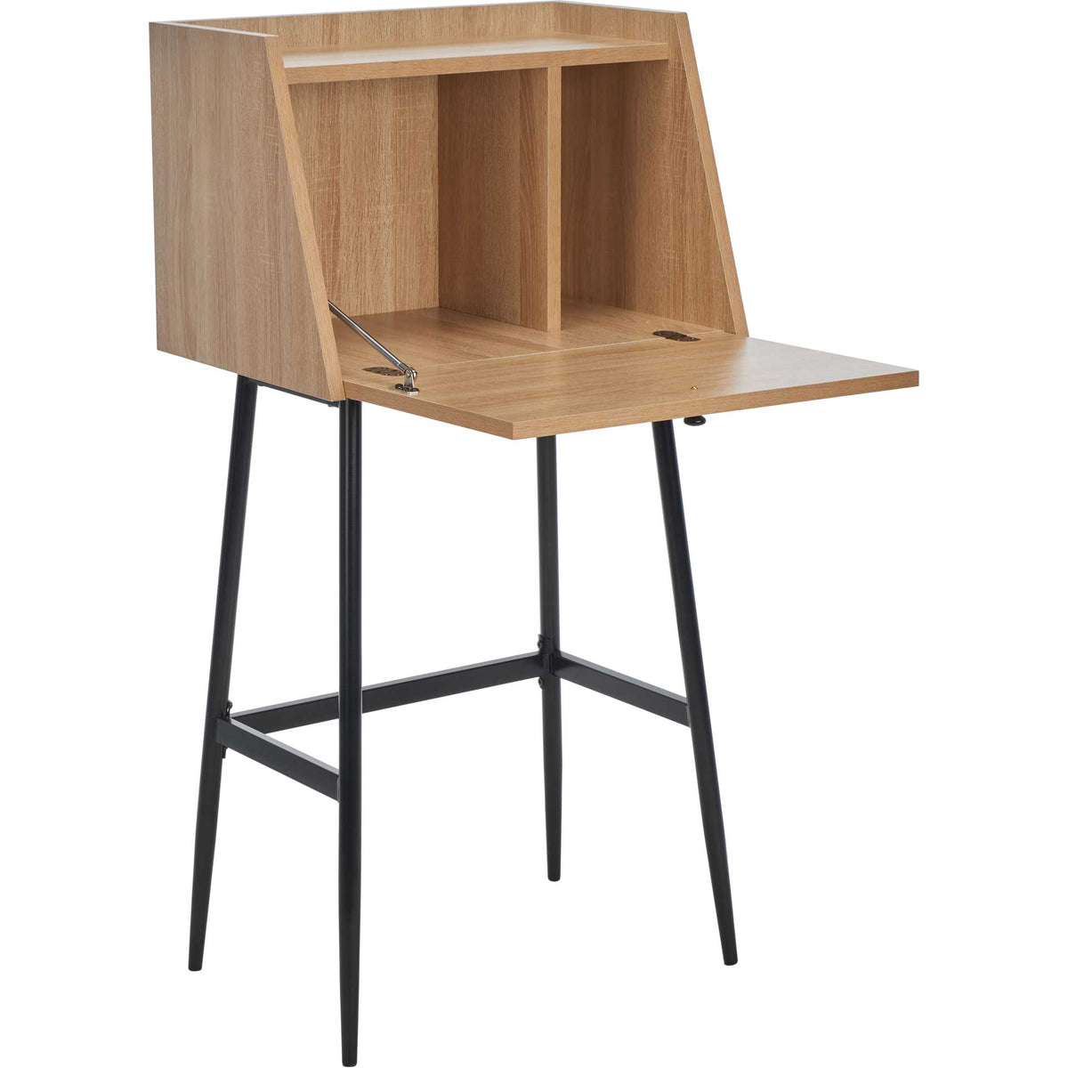 Natural wood-look desk offers divided cubbies and a wide fold-down desktop over black iron legs. || DSK2203A || front_angle_open_studio