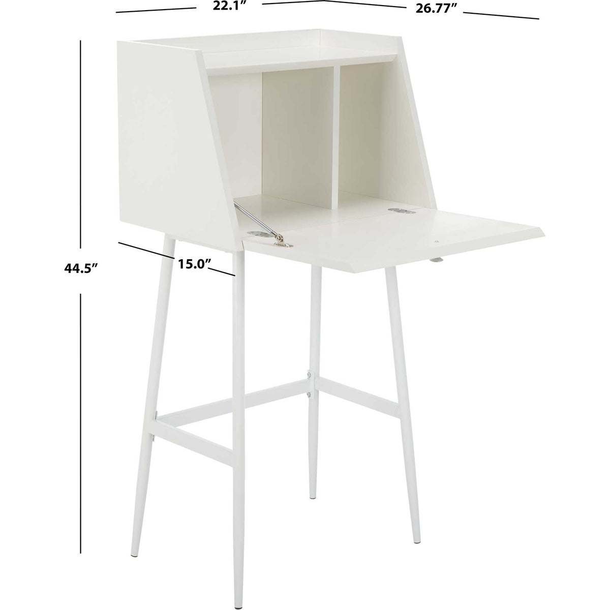 White secretary desk measures 44.5 inches high and 26.77 inches deep with its desktop open.