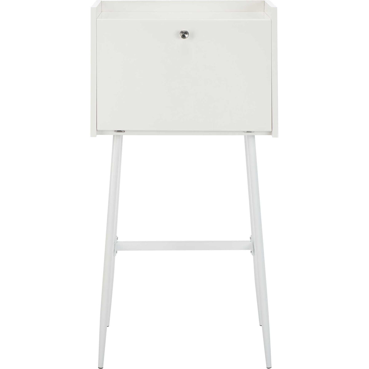 A smooth white drop-front panel has a small silver knob above angled white metal legs. || DSK2203B || front_studio