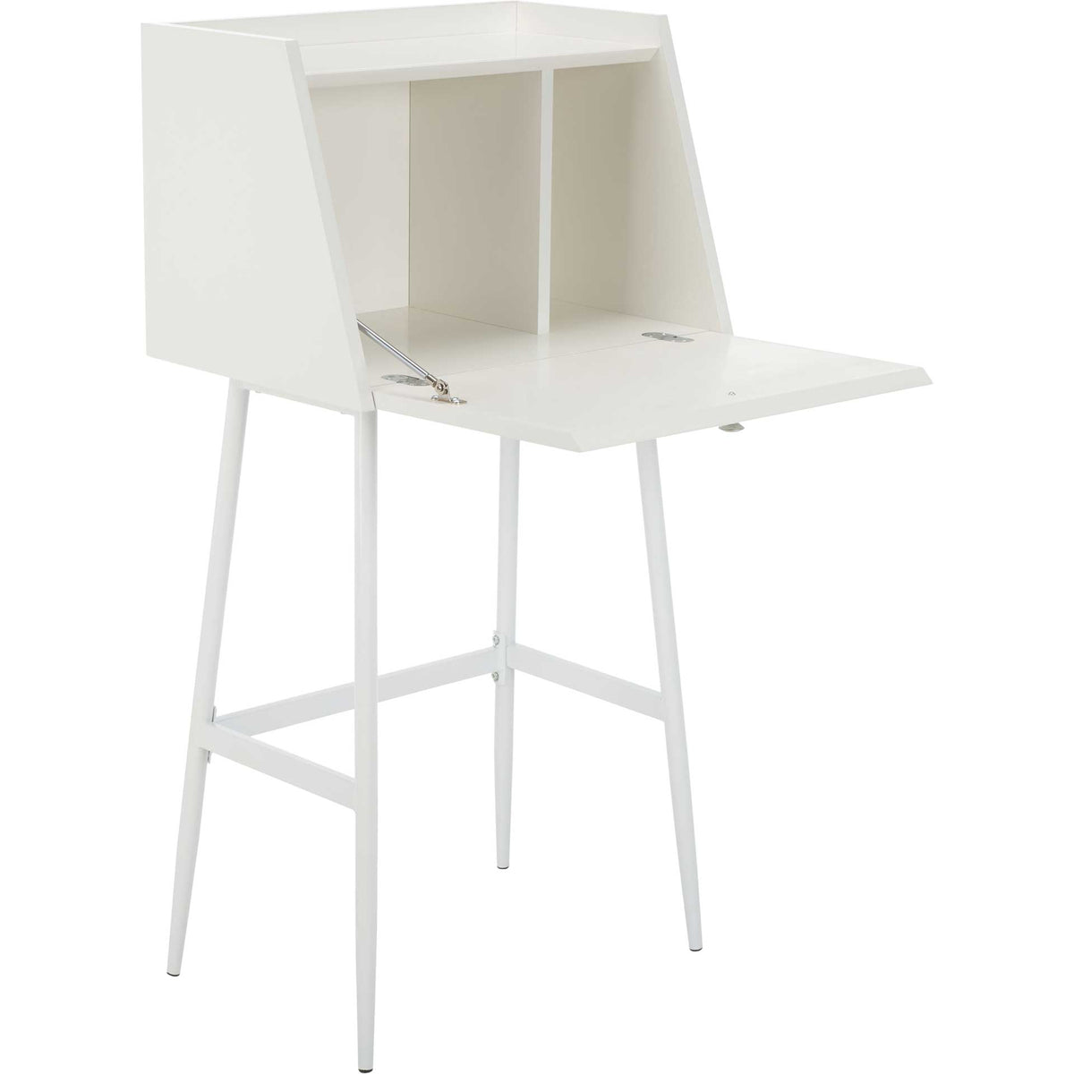 White secretary desk unfolds to a spacious writing surface with cubbies above slim matching legs. || DSK2203B || front_angle_open_studio