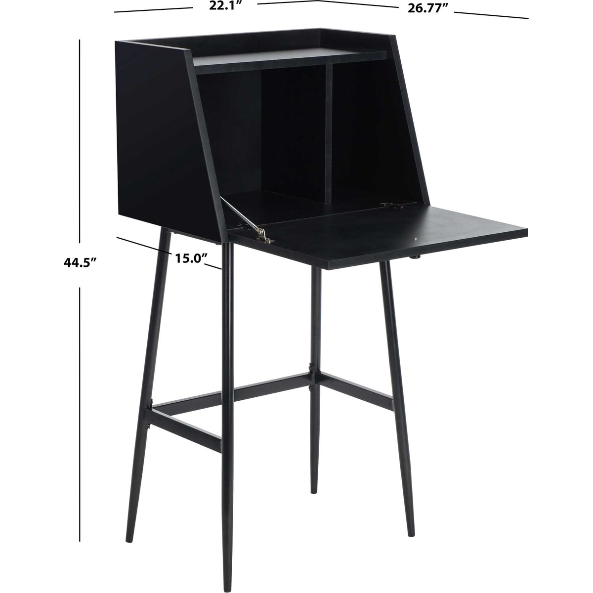 Black secretary desk stands 44.5 inches high with a 26.77-inch depth when opened.