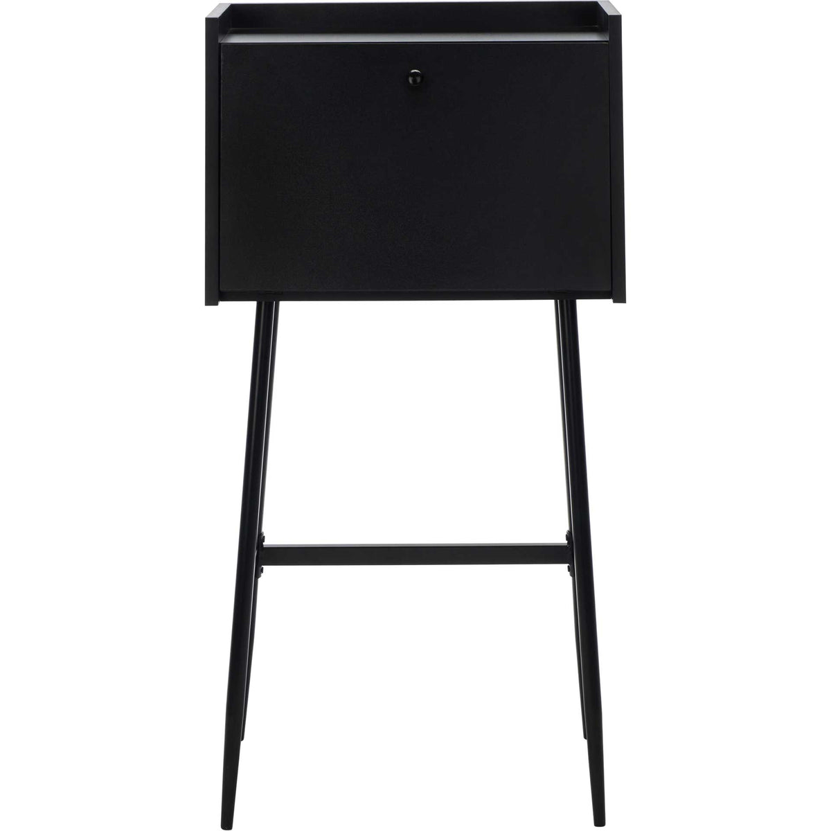 A black fold-down front with a small knob conceals storage above tapered iron legs. || DSK2203C || front_studio