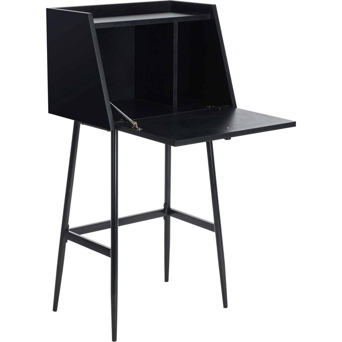 Black secretary desk unfolds into a broad writing surface beneath divided storage cubbies. || DSK2203C || front_angle_open_studio