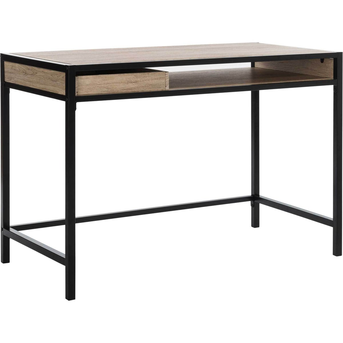 Open shelving and a light wood-grain drawer contrast with the dark top and metal frame.