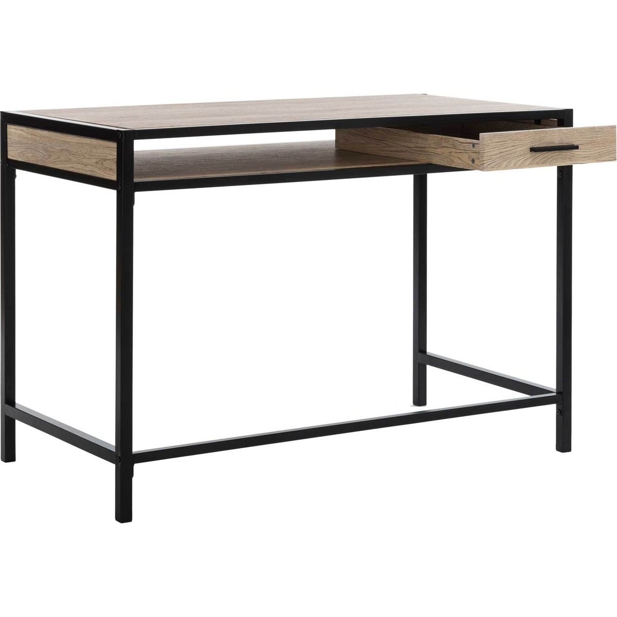 An extended drawer offers accessible storage beside the desk's open shelf.