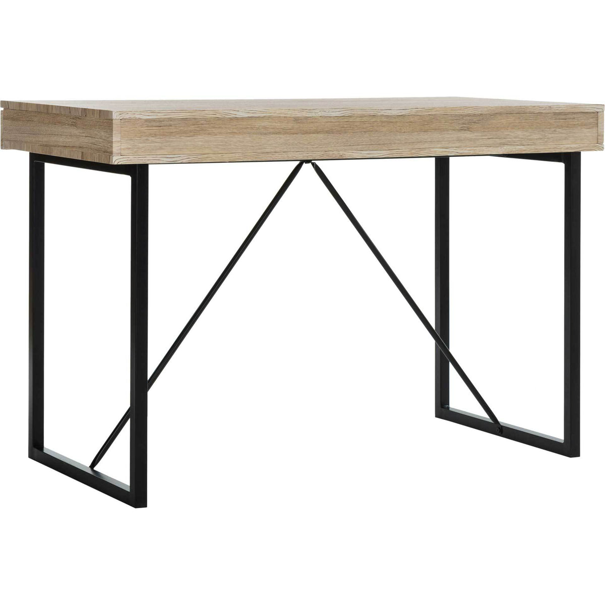 A textured wood-look desktop contrasts with open black metal legs and angular support bars.
