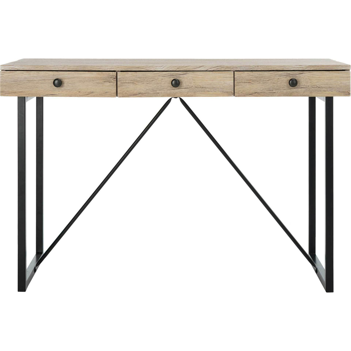 Three drawers with round black knobs sit above slim metal legs and bold angled bracing. || DSK2206A || front_studio