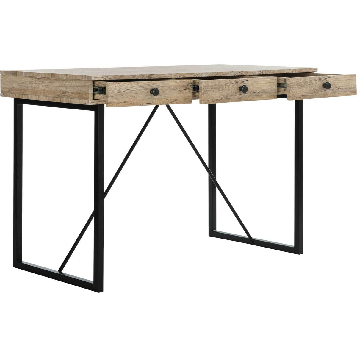 Three partly open drawers sit beneath a textured wood-look top on slim black metal legs.