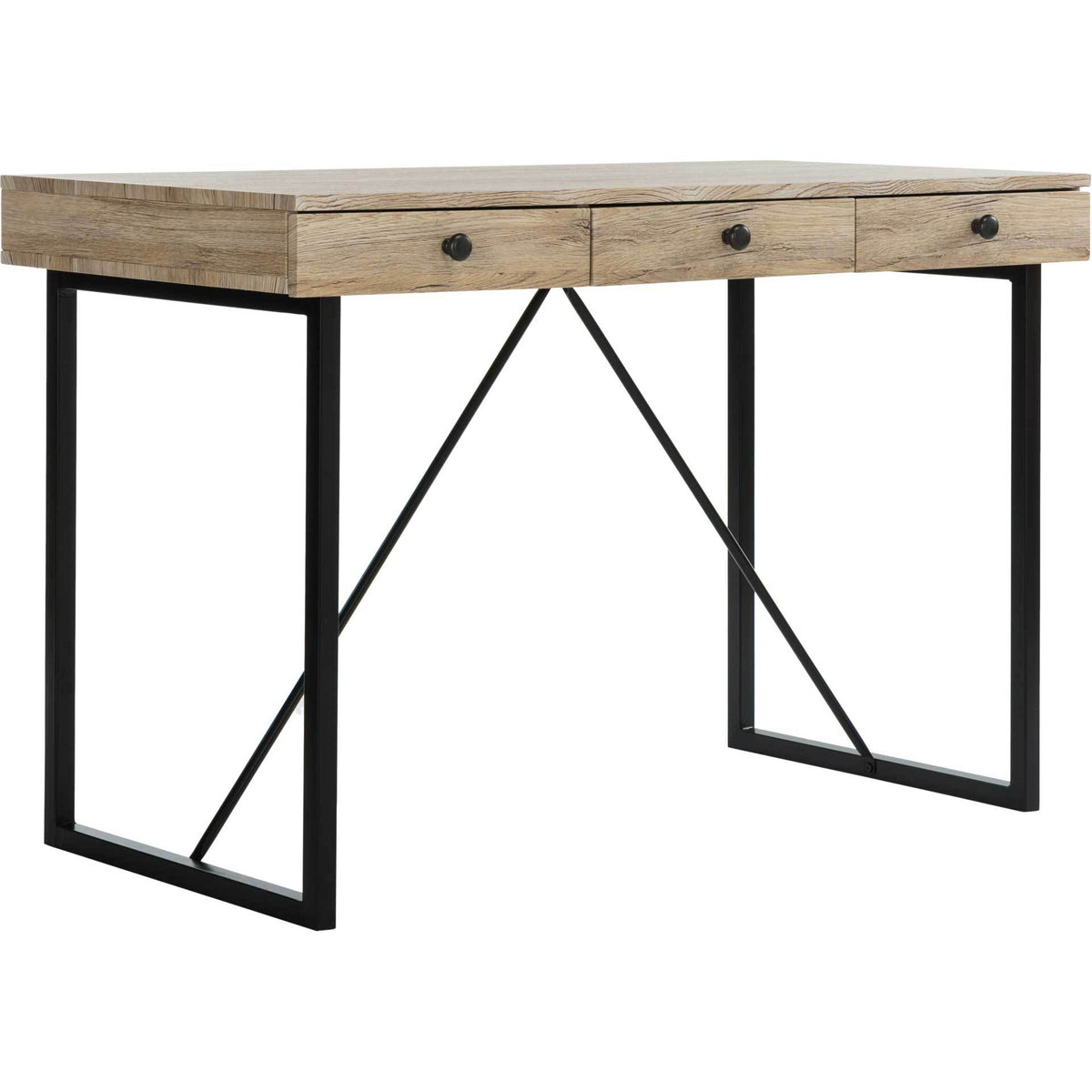 A weathered wood-look top and three drawers pair with open black metal legs and angled bracing. || DSK2206A || front_angle_studio