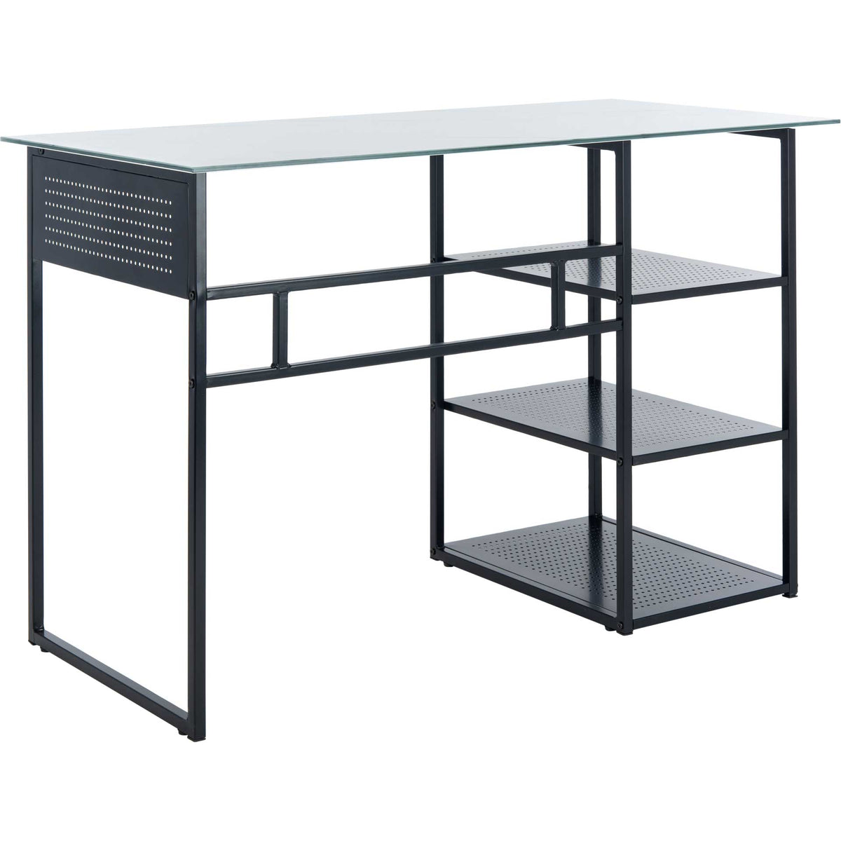 A perforated end panel and three open shelves bring industrial style to the glass-top desk.