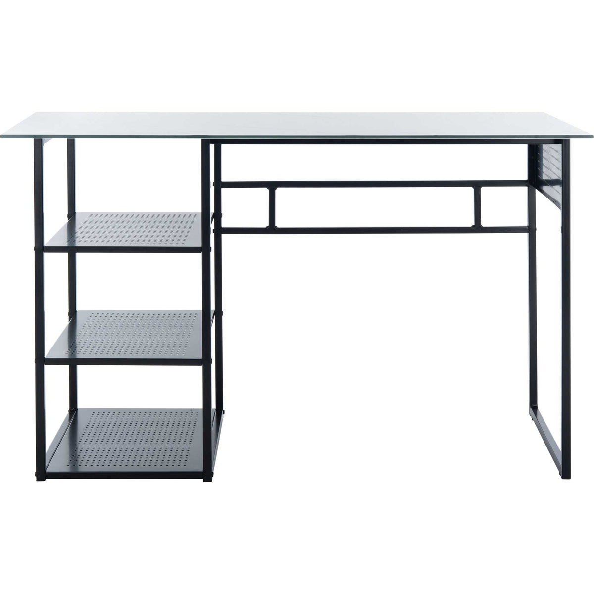 Three perforated shelves offer open storage beneath a spacious white glass work surface. || DSK2208A || front_studio