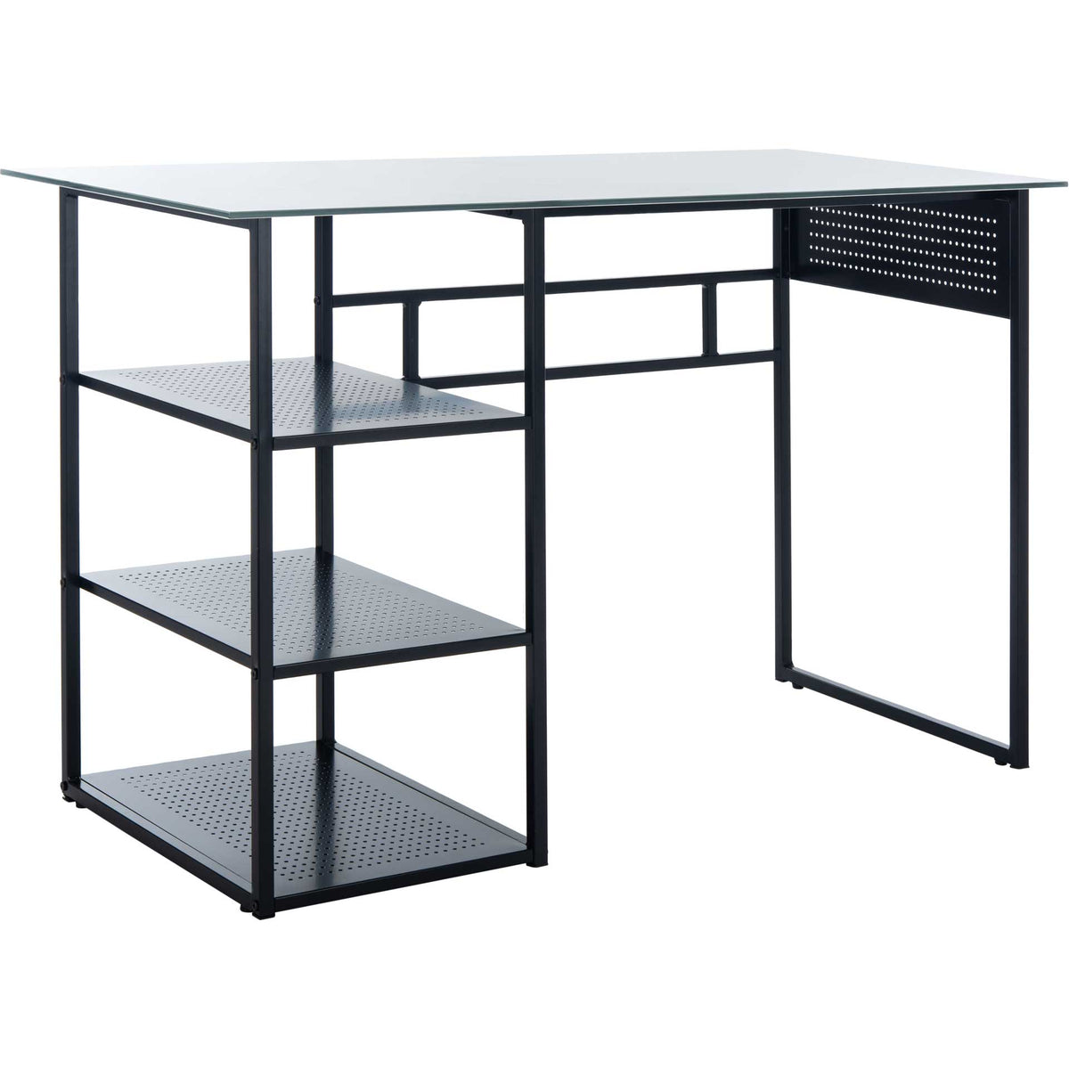 A white glass top crowns a black metal frame with three open, perforated storage shelves. || DSK2208A || front_angle_studio