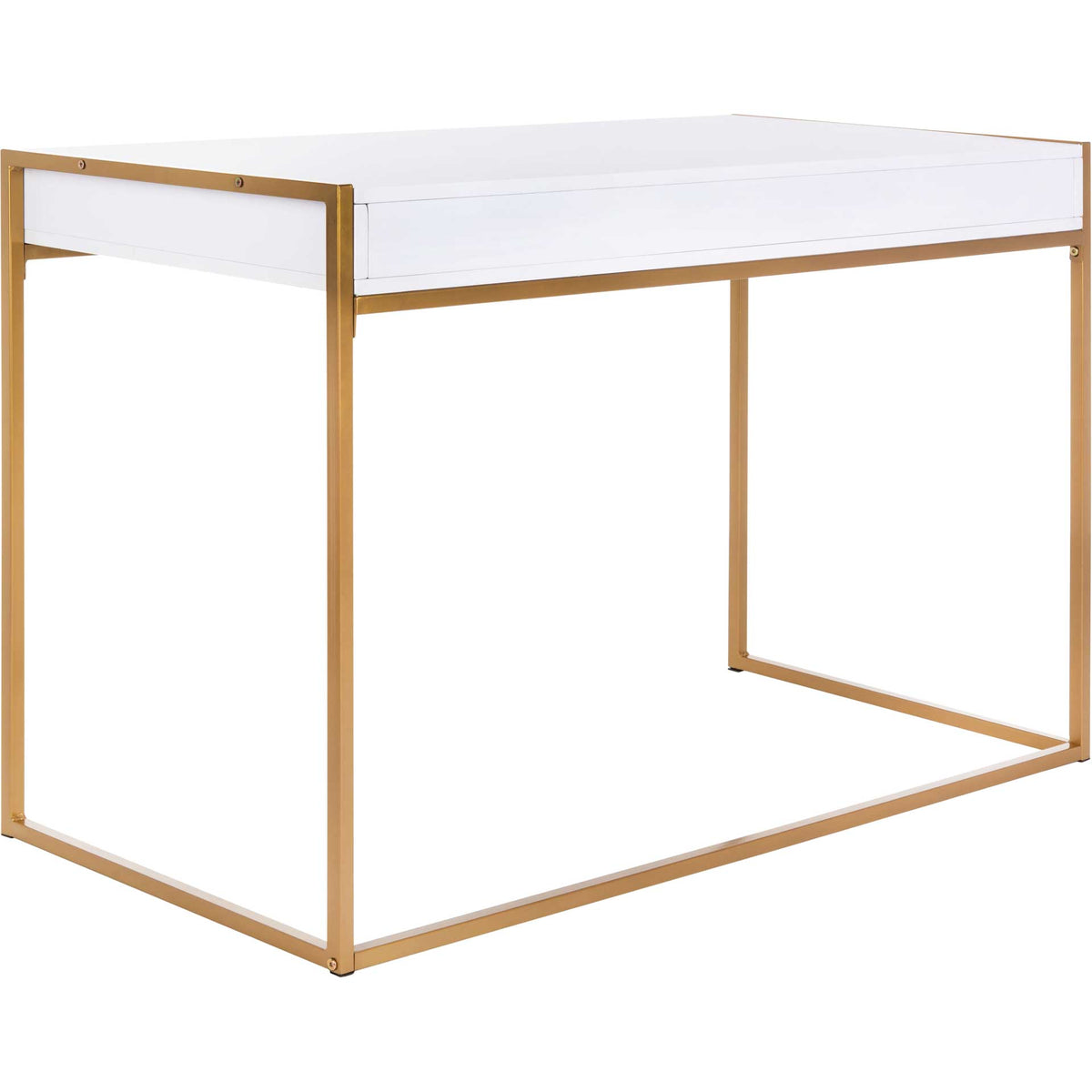A smooth white back and tabletop are framed by open gold metal supports