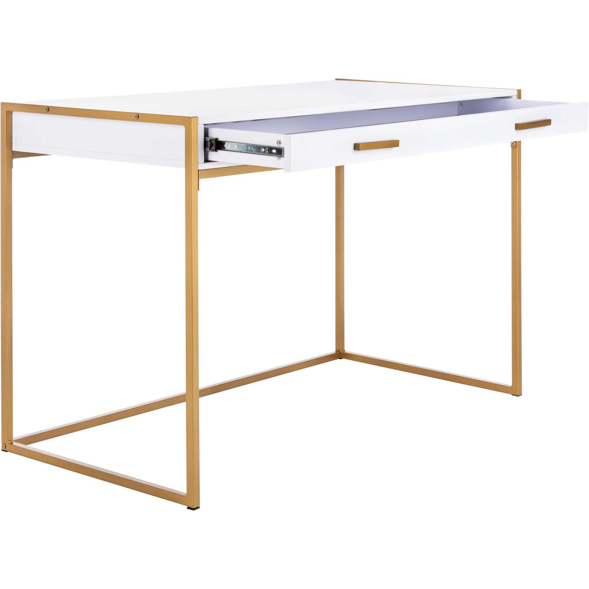 The wide white drawer extends beneath the desktop, showing metal slides and gold pulls