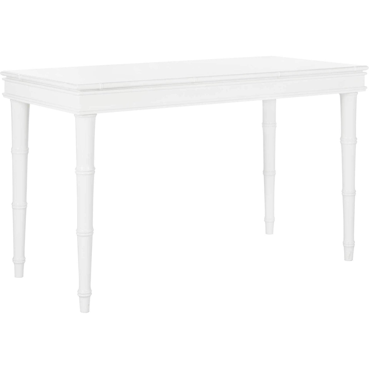 Clean white color emphasizes the layered top, straight desk apron, and subtle rings on each leg.