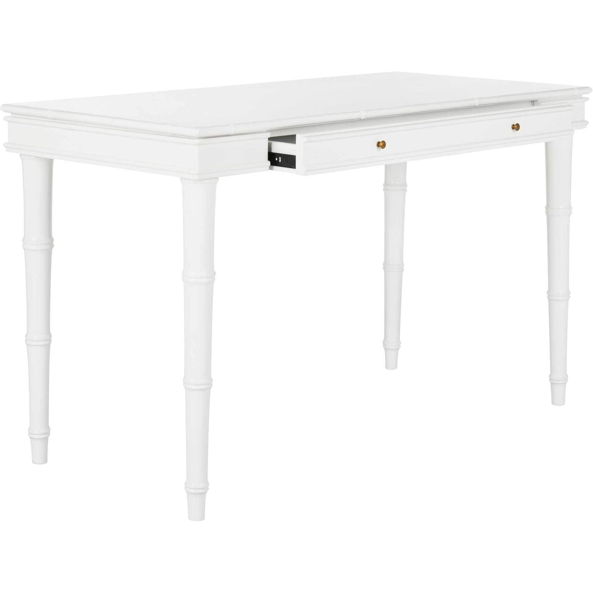 A partially open drawer adds easy access to storage beneath the white desktop and its layered edge.