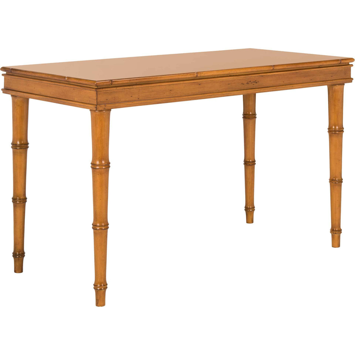 Honey-brown color brings warmth to the clean tabletop, molded apron, and turned legs.