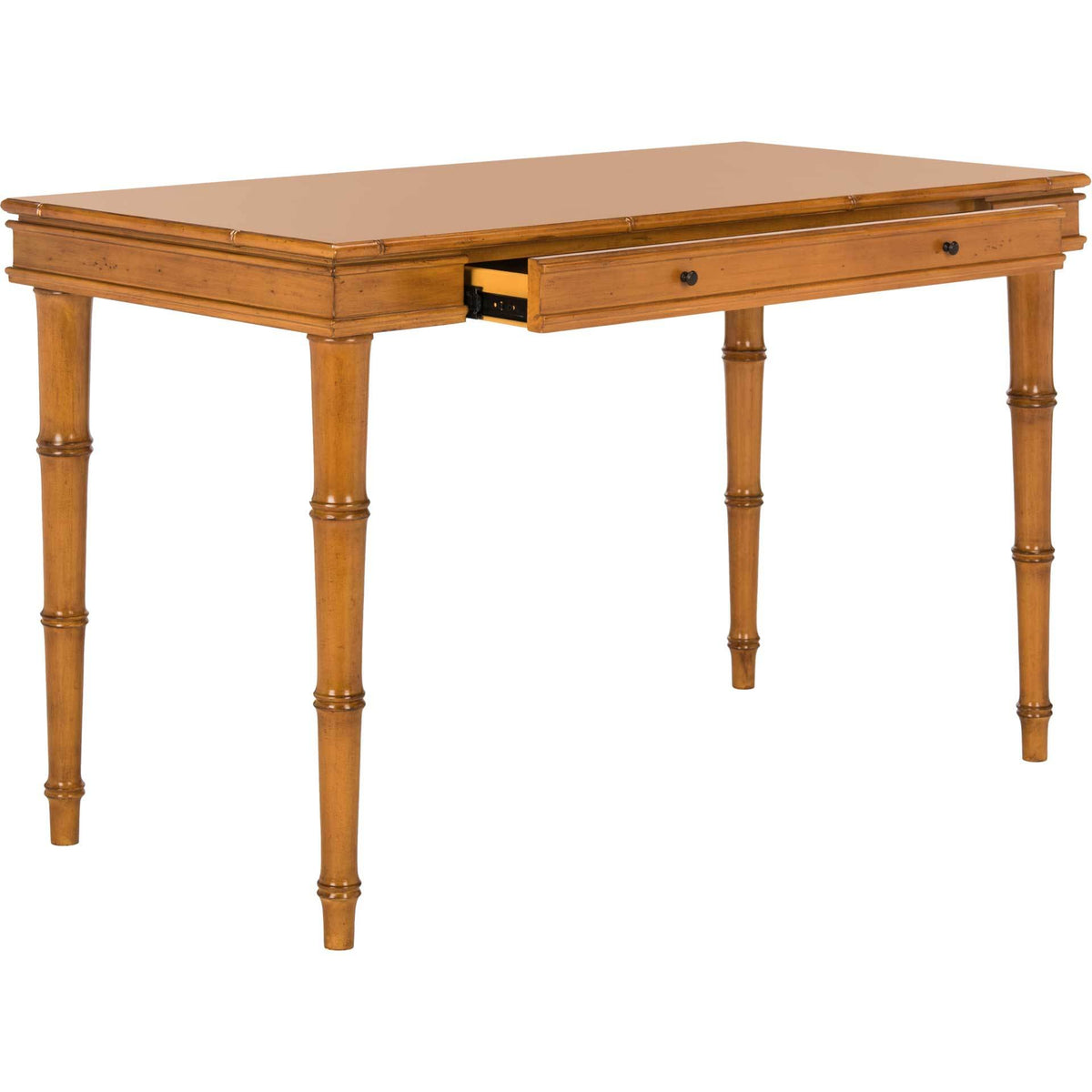 A partially open drawer provides storage beneath the warm brown desktop and its decorative trim.