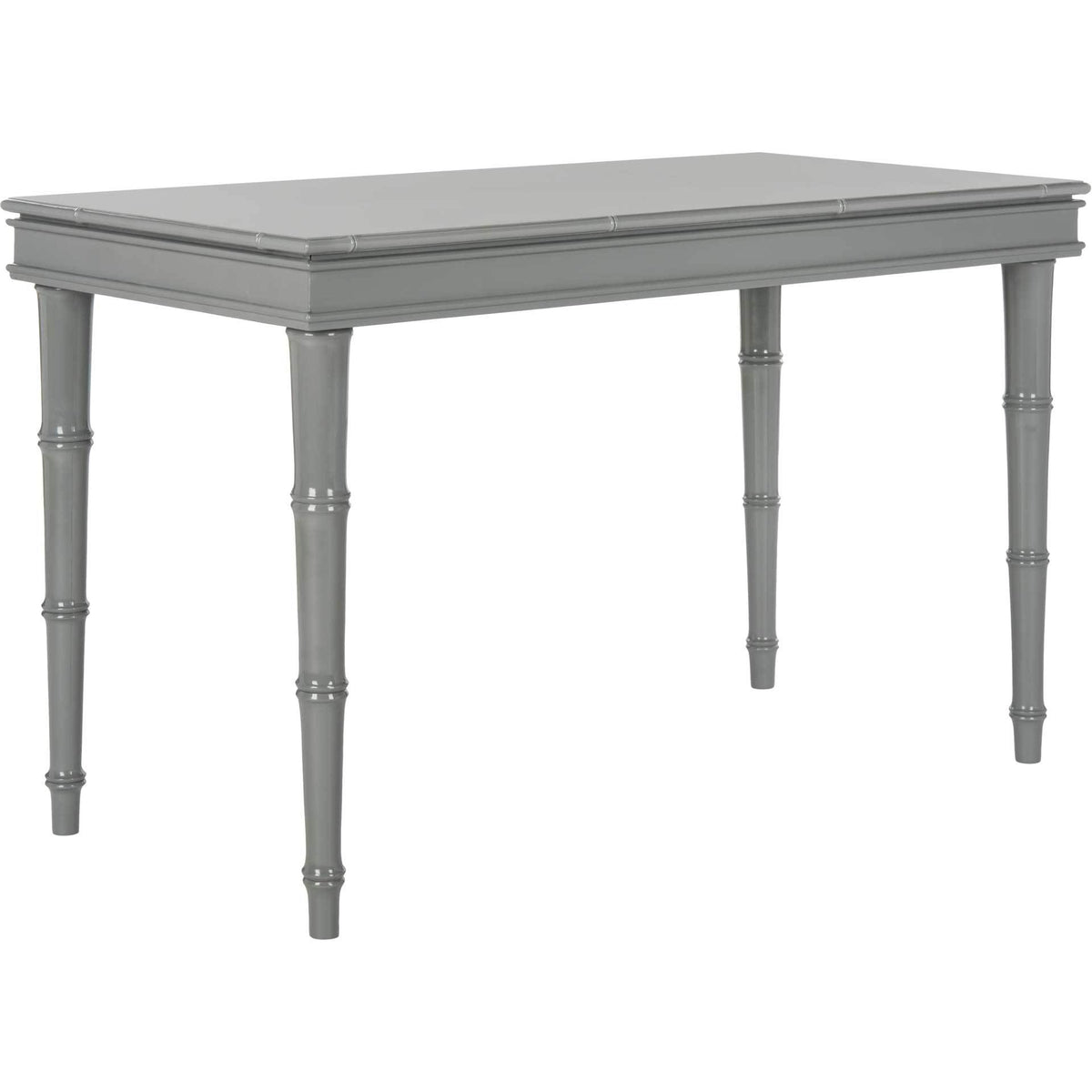 Muted gray color softens the crisp tabletop edges, tailored apron, and slender turned legs.
