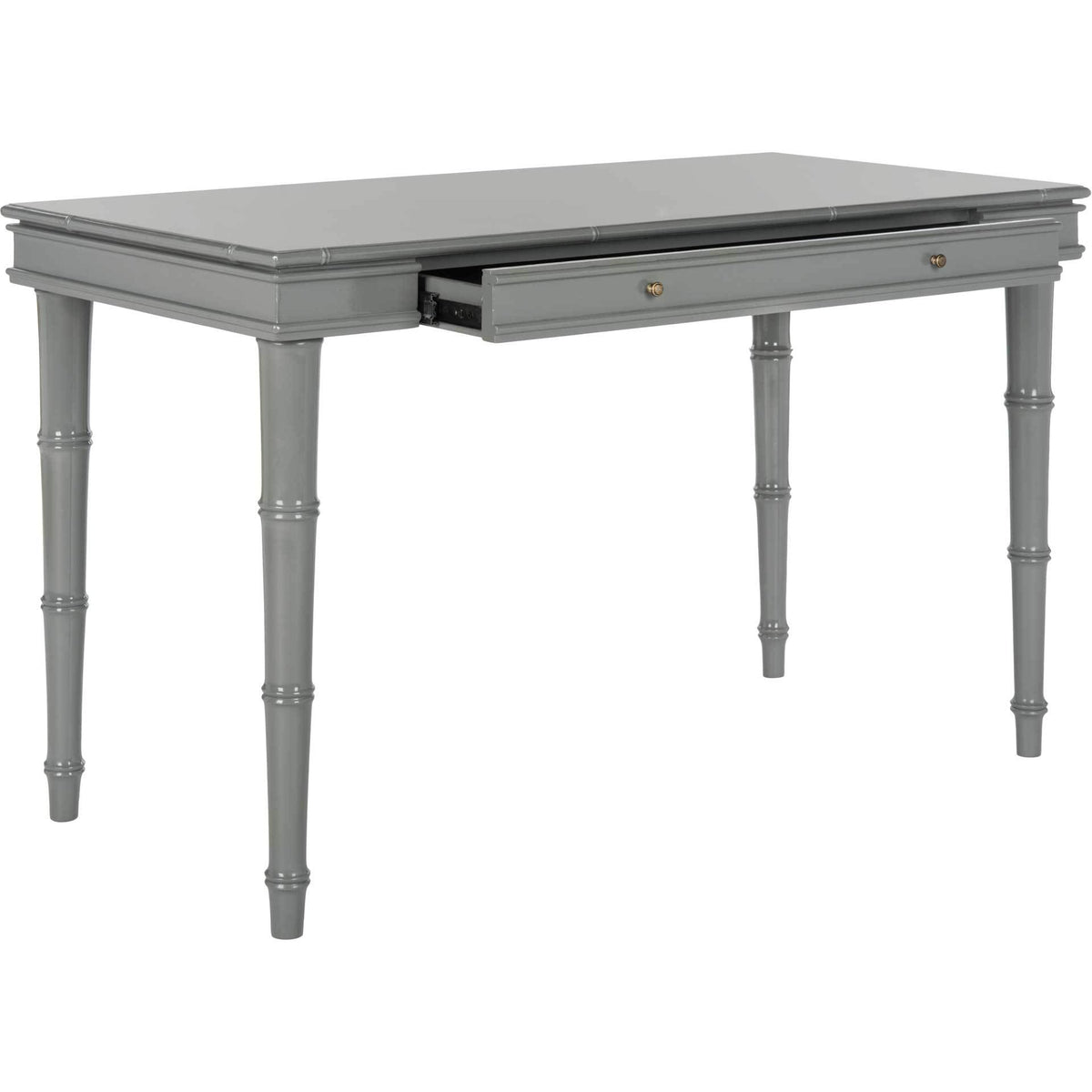 A partly opened drawer offers handy storage beneath the gray top, framed by elegant molded trim.